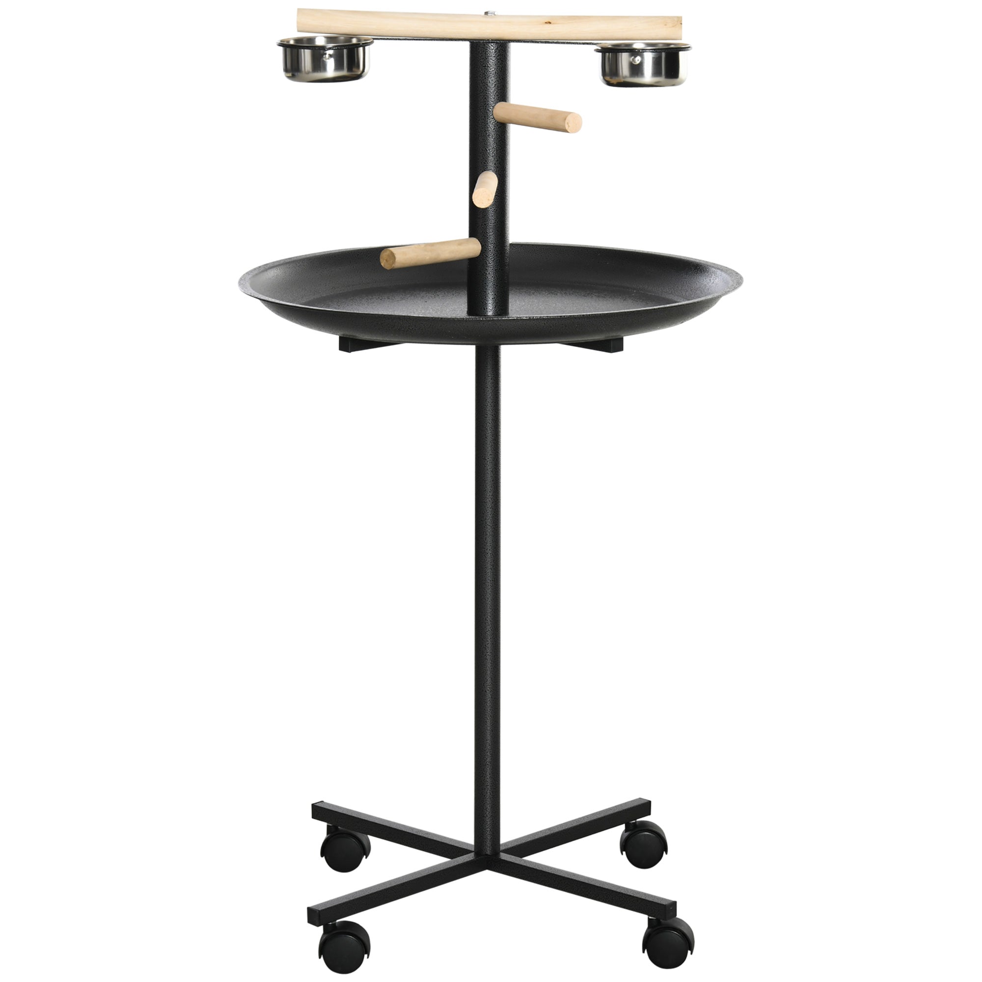 PawHut Metal Bird Table Play Stand, Bird Feeder Station Parrot Perch with Four Wheels Feeding Bowls Round Tray