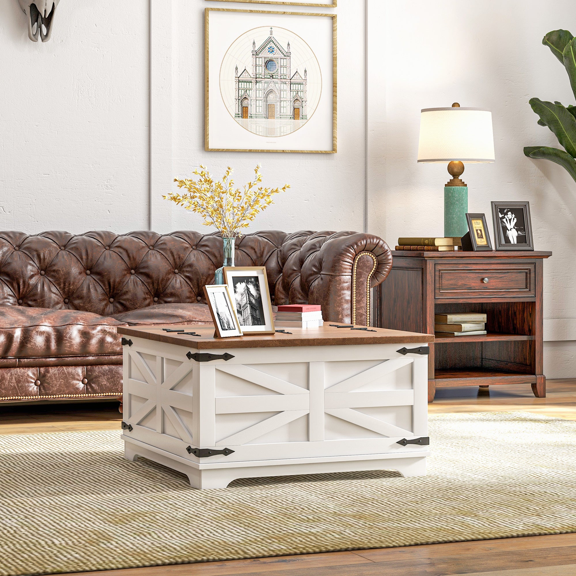 HOMCOM Farmhouse Coffee Table with Storage, Center Table with Hinged Lift Top and Hidden Space, Square Coffee Table for Living Room, White
