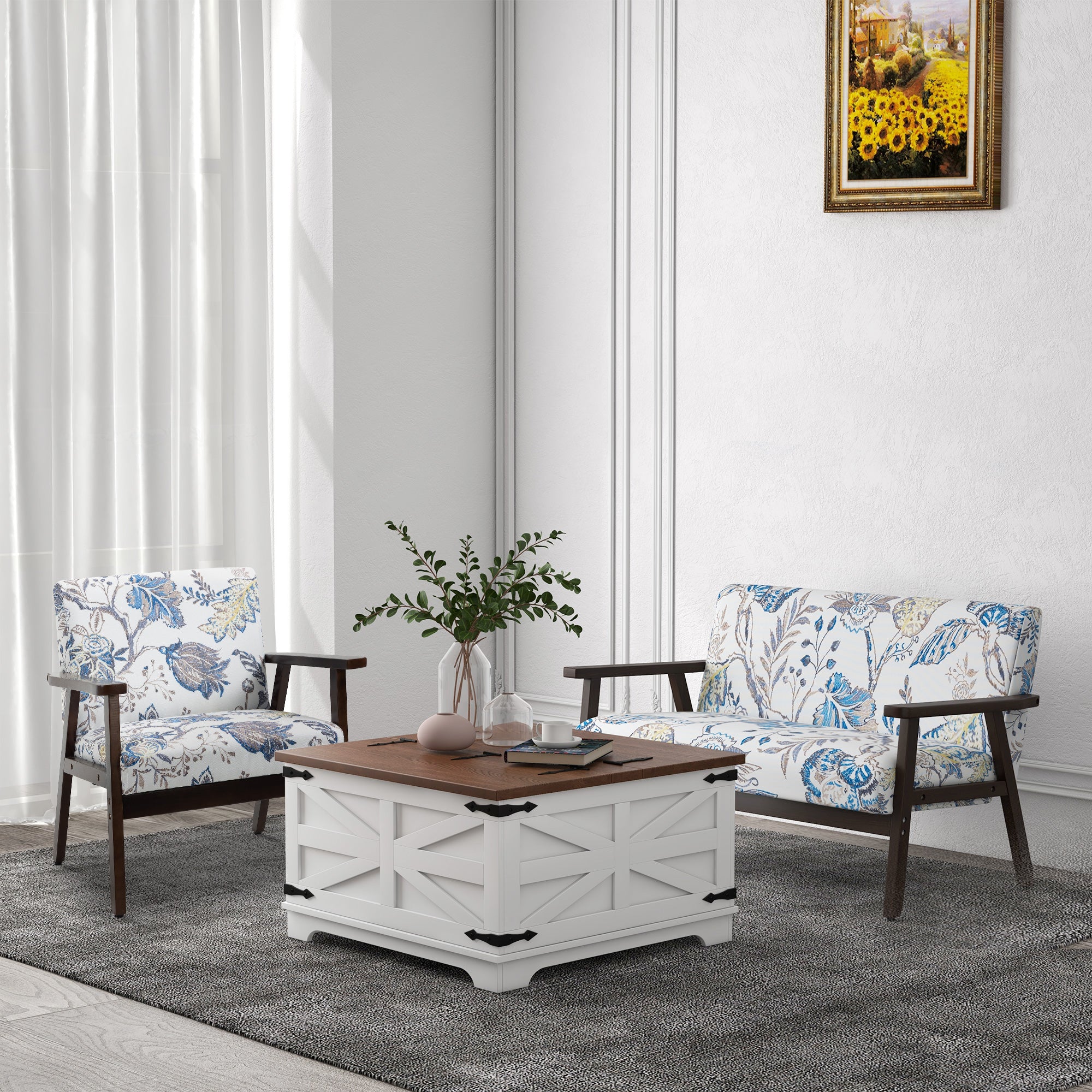 HOMCOM Farmhouse Coffee Table with Storage, Center Table with Hinged Lift Top and Hidden Space, Square Coffee Table for Living Room, White