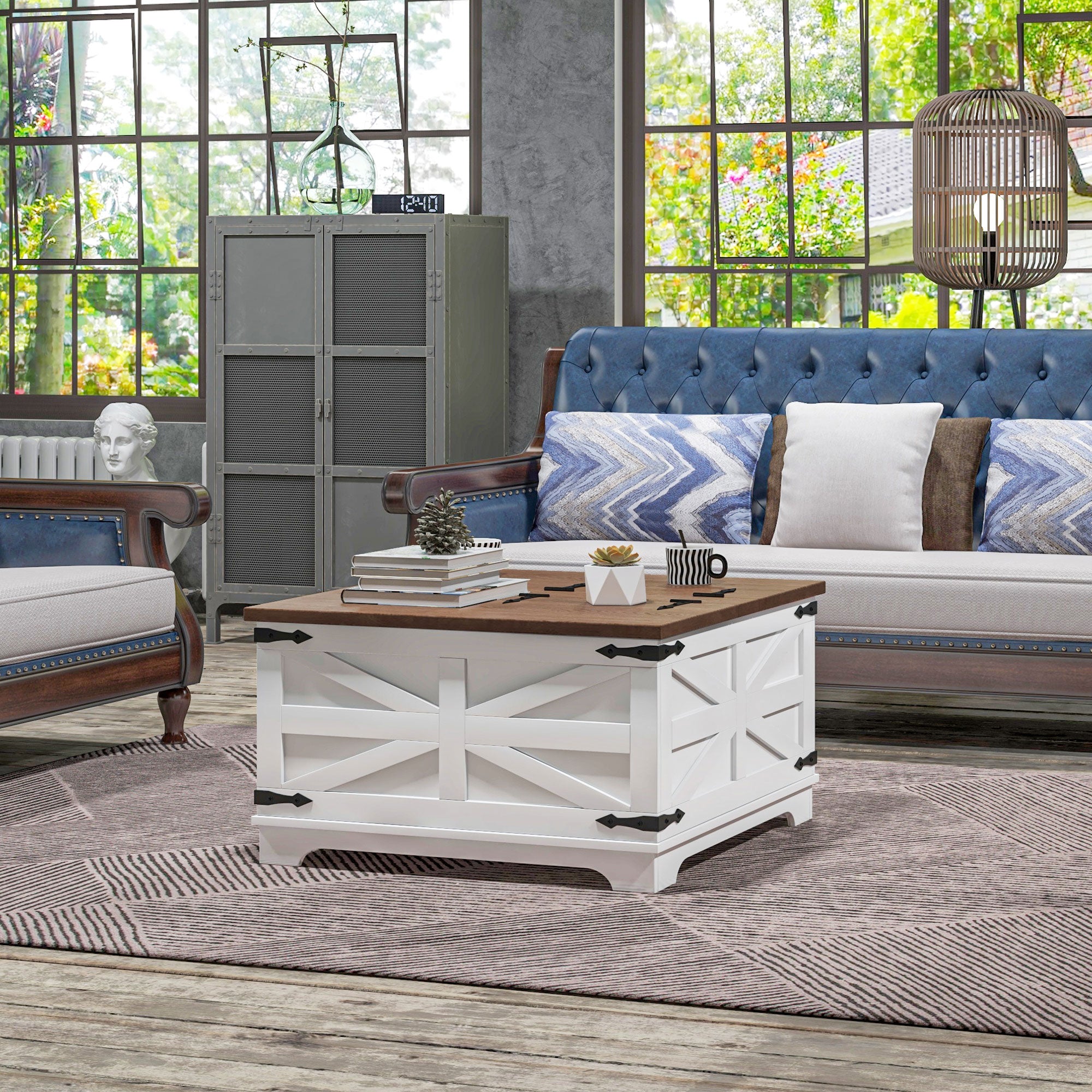 HOMCOM Farmhouse Coffee Table with Storage, Center Table with Hinged Lift Top and Hidden Space, Square Coffee Table for Living Room, White