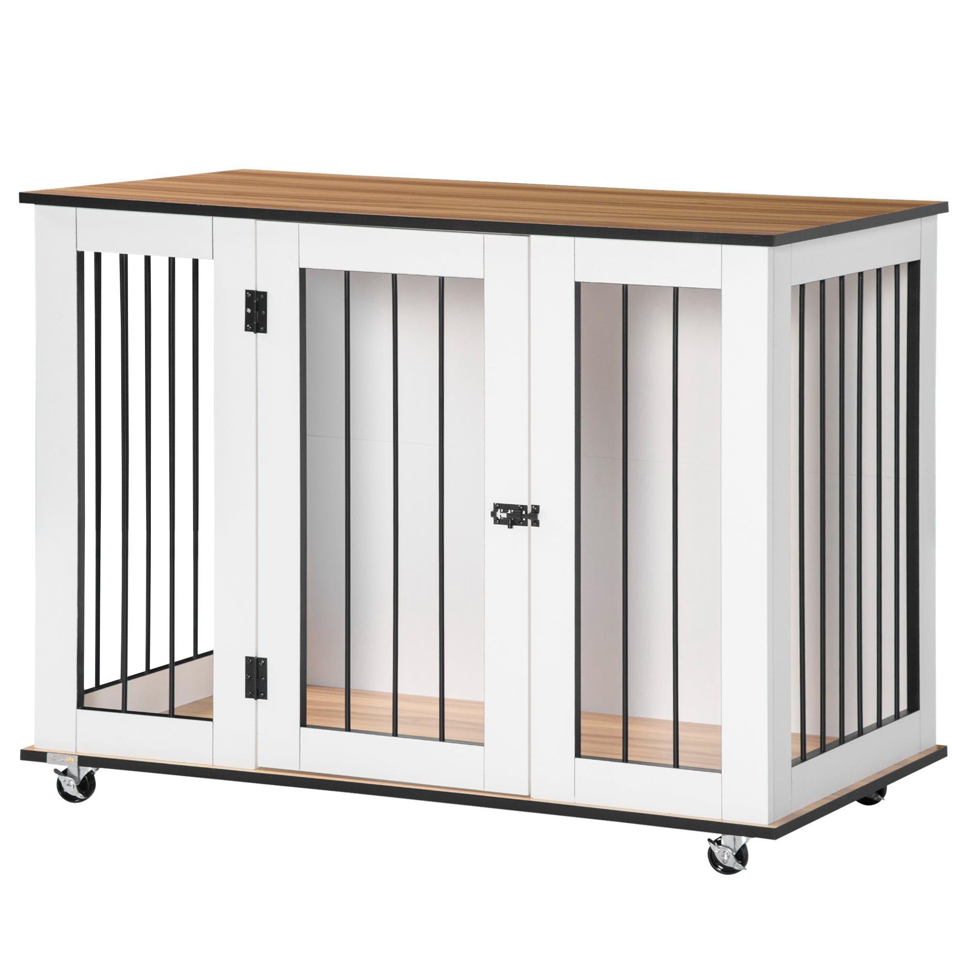 PawHut Dog Crate Furniture, Dog Cage End Table with Wheels, Lockable Door, for Medium Dogs, 106 x 60 x 82 cm - White
