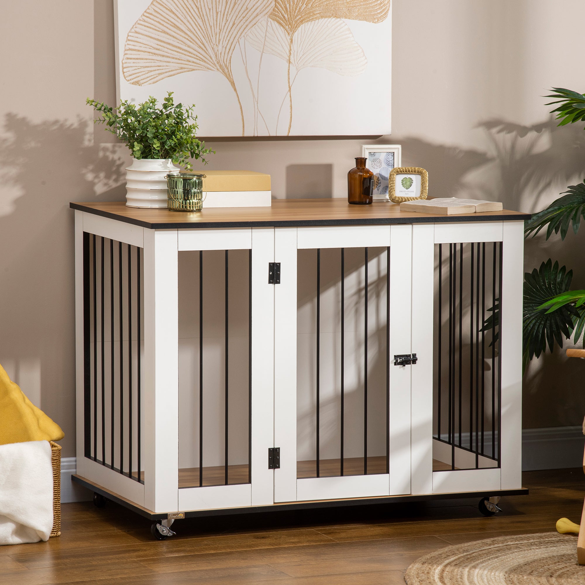 PawHut Dog Crate Furniture, Dog Cage End Table with Wheels, Lockable Door, for Medium Dogs, 106 x 60 x 82 cm - White