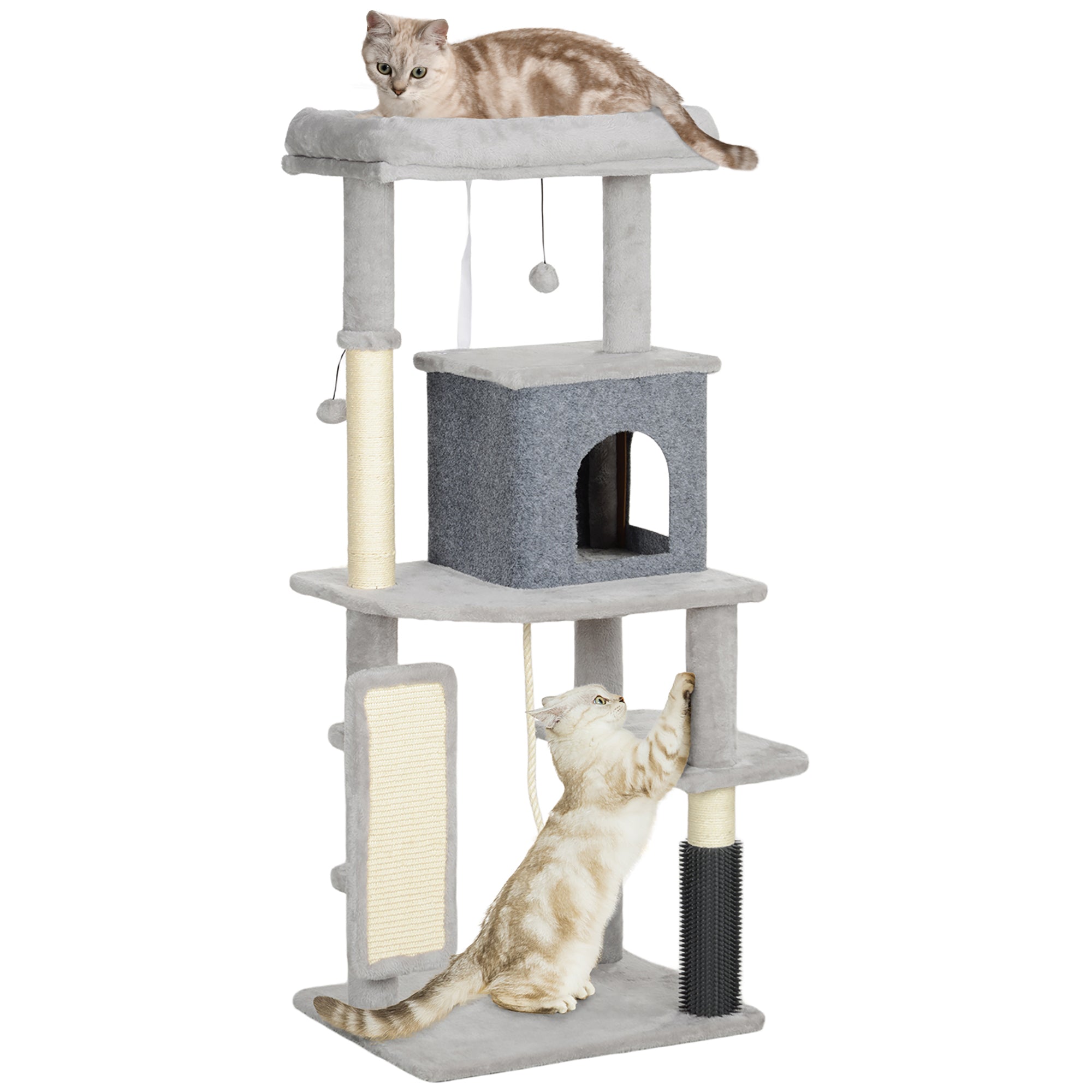 PawHut Cat Tree for Large Cat Adults, 52 Inch Cat Tower for Indoor Cats w/ Scratching Posts, Cat Bed, Condo, Grooming Brush, Jumping Platforms, Toy Balls, Anti-tip Kit, Light Grey