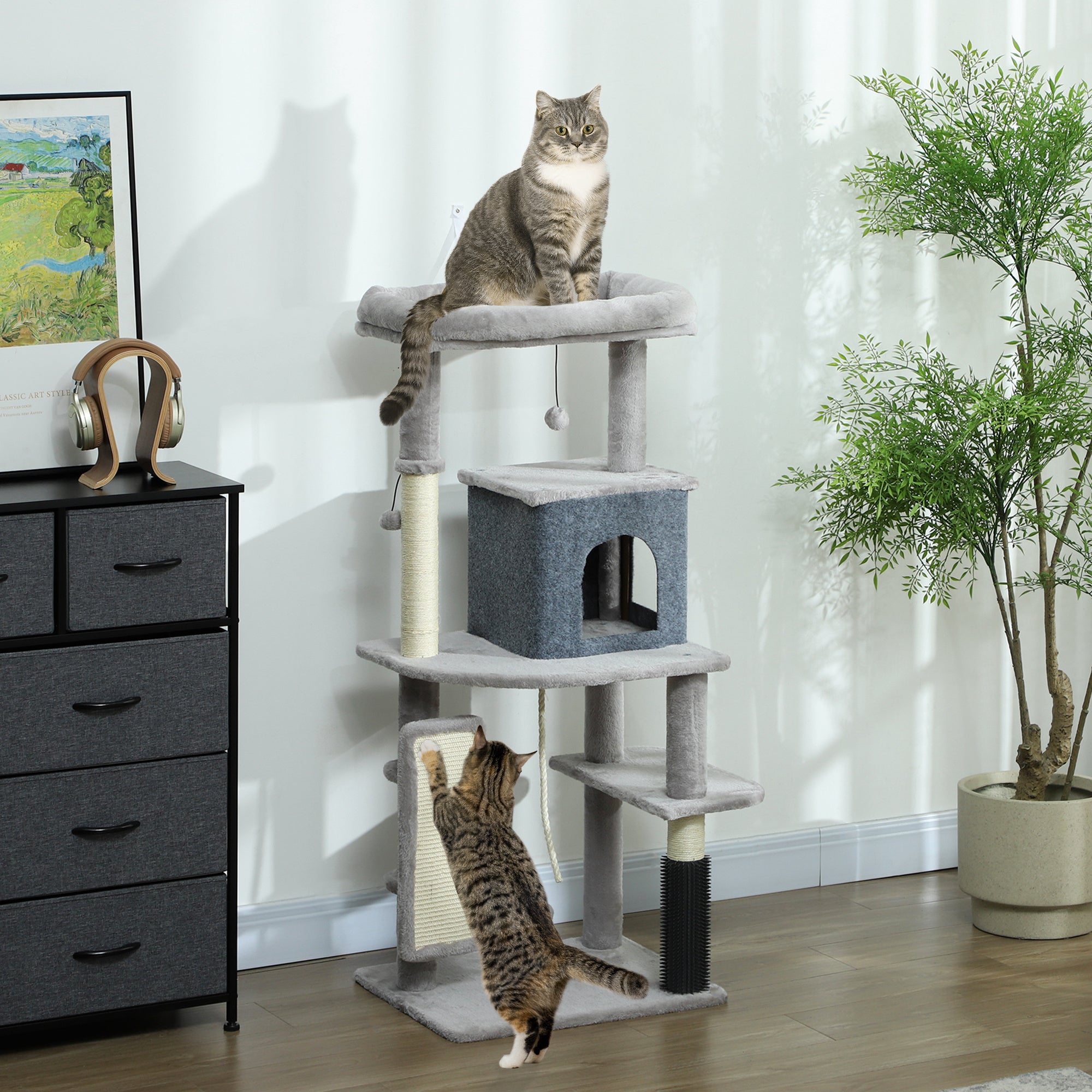PawHut Cat Tree for Indoor Cats, 132cm Cat Tower with Scratching Posts and Pad, Cat Bed, Cat House, Jumping Platform, Grooming Brush, Toy Balls, Anti-Tip Kit, Cat Climbing Frame, Light Grey
