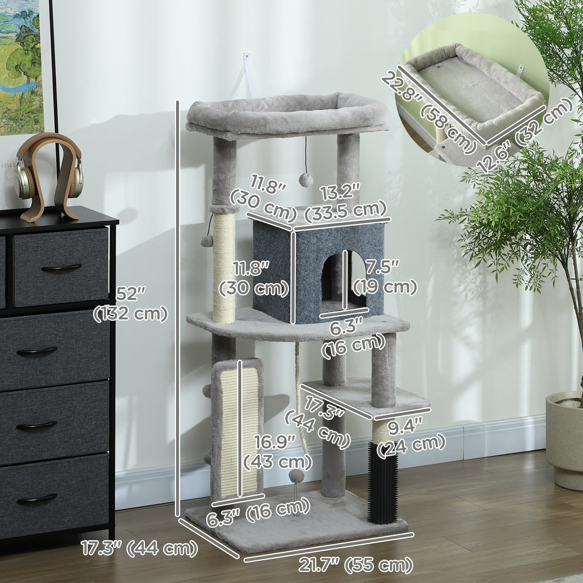 PawHut Cat Tree for Large Cat Adults, 52 Inch Cat Tower for Indoor Cats w/ Scratching Posts, Cat Bed, Condo, Grooming Brush, Jumping Platforms, Toy Balls, Anti-tip Kit, Light Grey