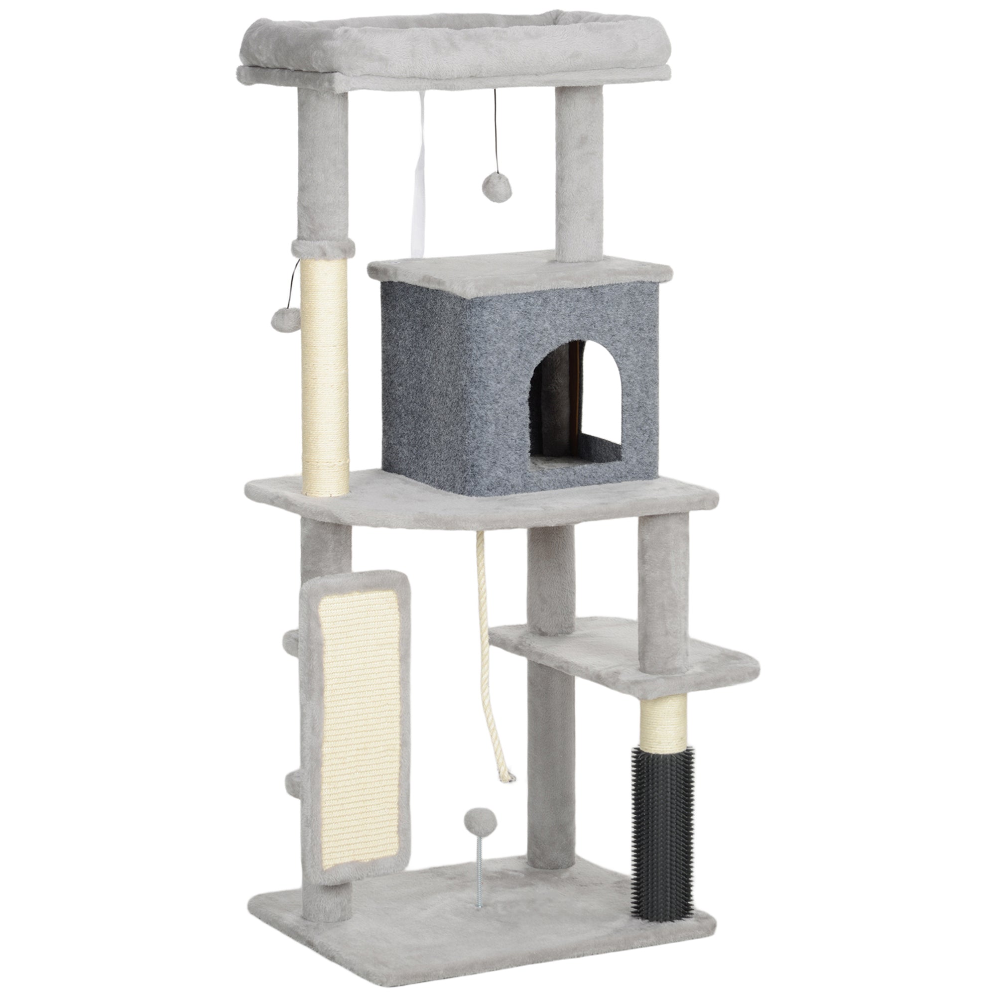 PawHut Cat Tree for Large Cat Adults, 52 Inch Cat Tower for Indoor Cats w/ Scratching Posts, Cat Bed, Condo, Grooming Brush, Jumping Platforms, Toy Balls, Anti-tip Kit, Light Grey