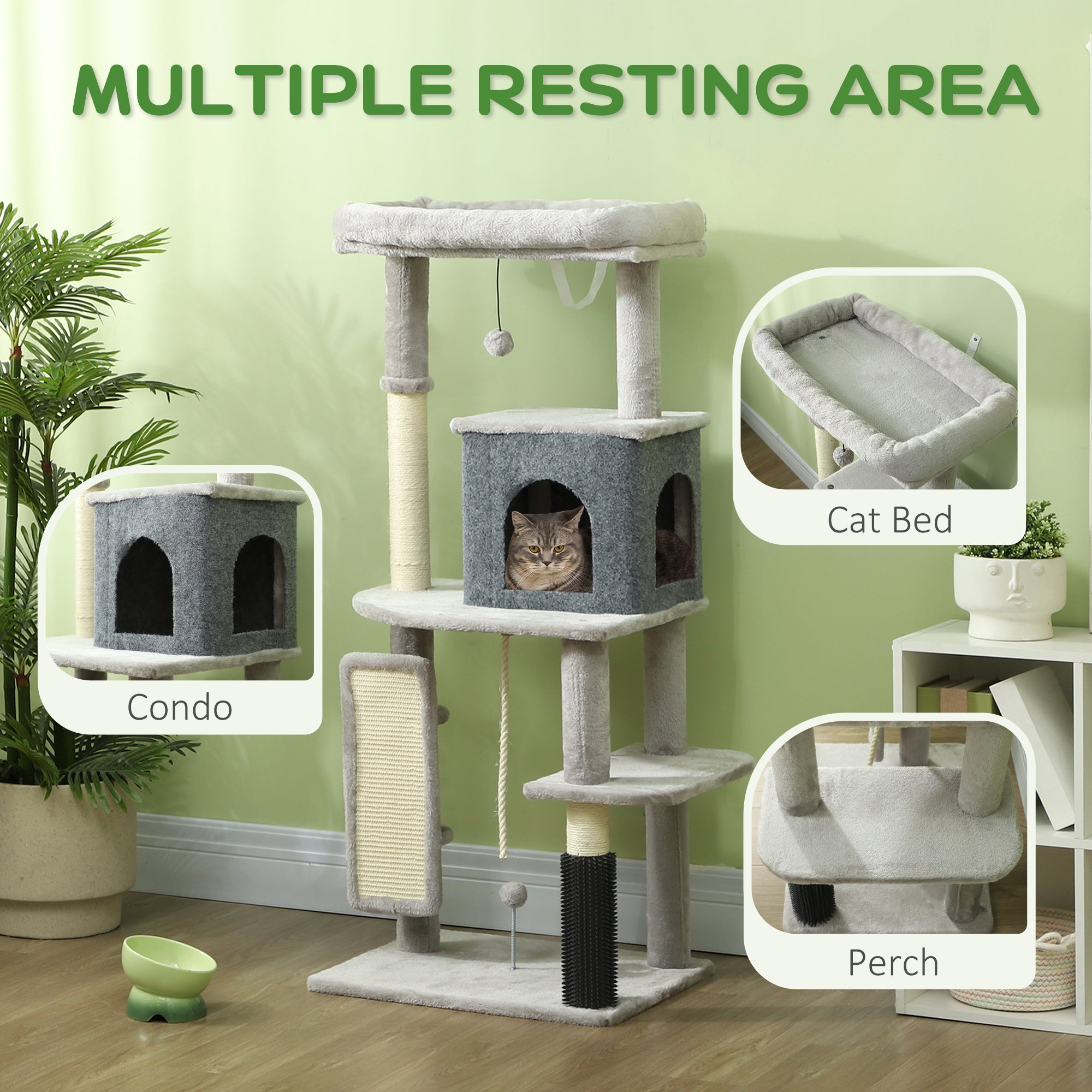 PawHut Cat Tree for Large Cat Adults, 52 Inch Cat Tower for Indoor Cats w/ Scratching Posts, Cat Bed, Condo, Grooming Brush, Jumping Platforms, Toy Balls, Anti-tip Kit, Light Grey