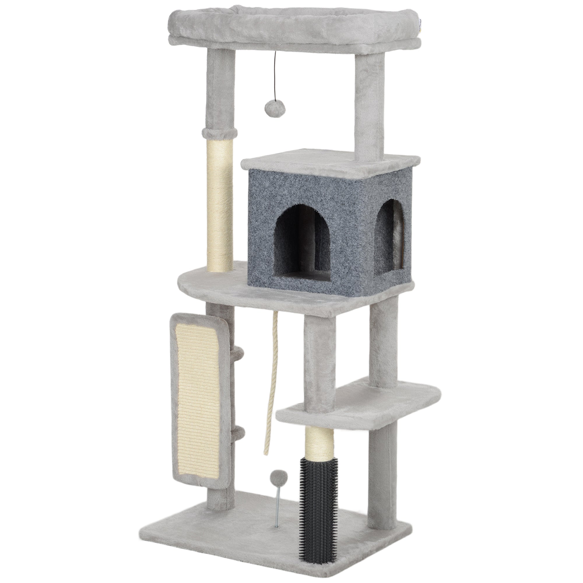 PawHut Cat Tree for Indoor Cats, 132cm Cat Tower with Scratching Posts and Pad, Cat Bed, Cat House, Jumping Platform, Grooming Brush, Toy Balls, Anti-Tip Kit, Cat Climbing Frame, Light Grey
