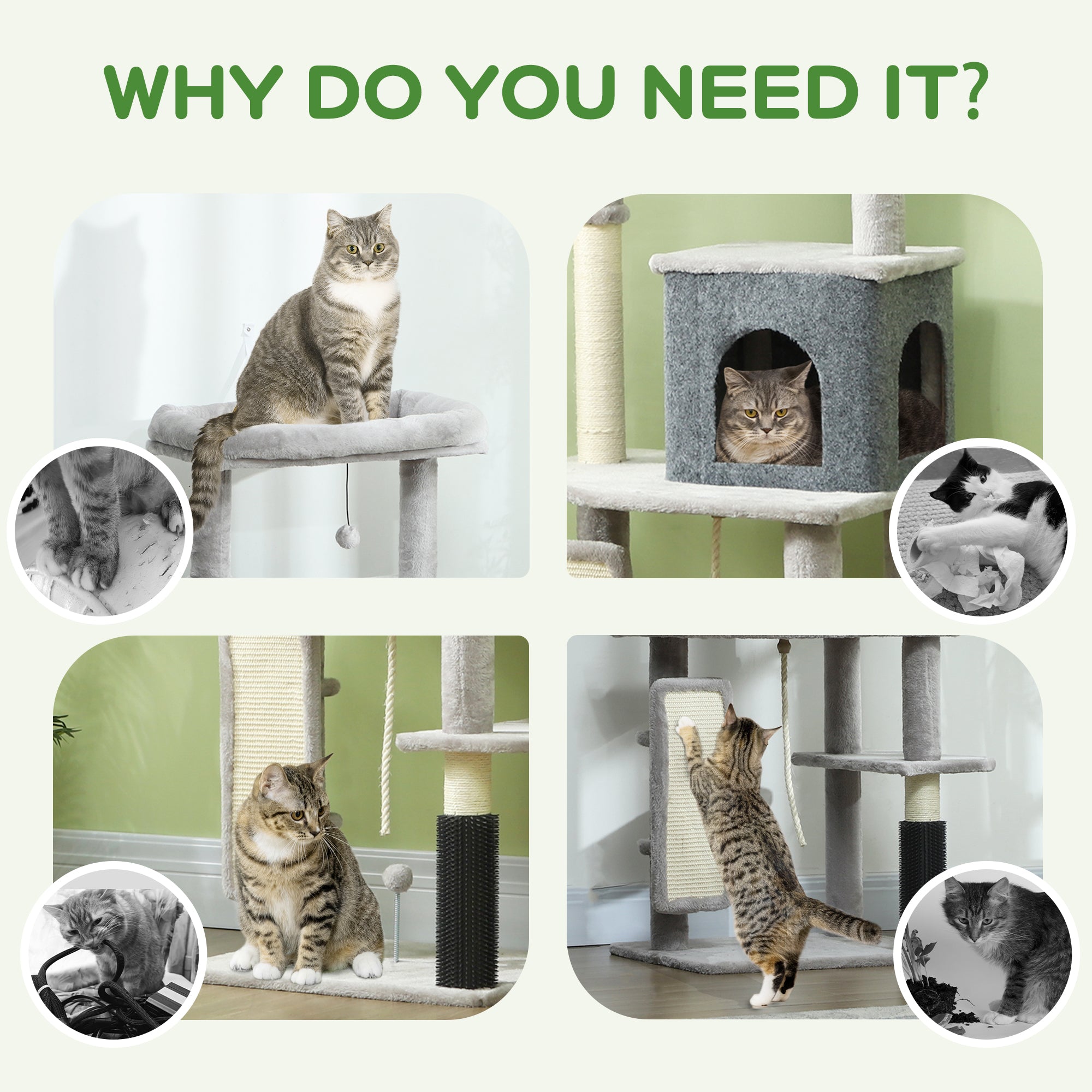 PawHut Cat Tree for Large Cat Adults, 52 Inch Cat Tower for Indoor Cats w/ Scratching Posts, Cat Bed, Condo, Grooming Brush, Jumping Platforms, Toy Balls, Anti-tip Kit, Light Grey