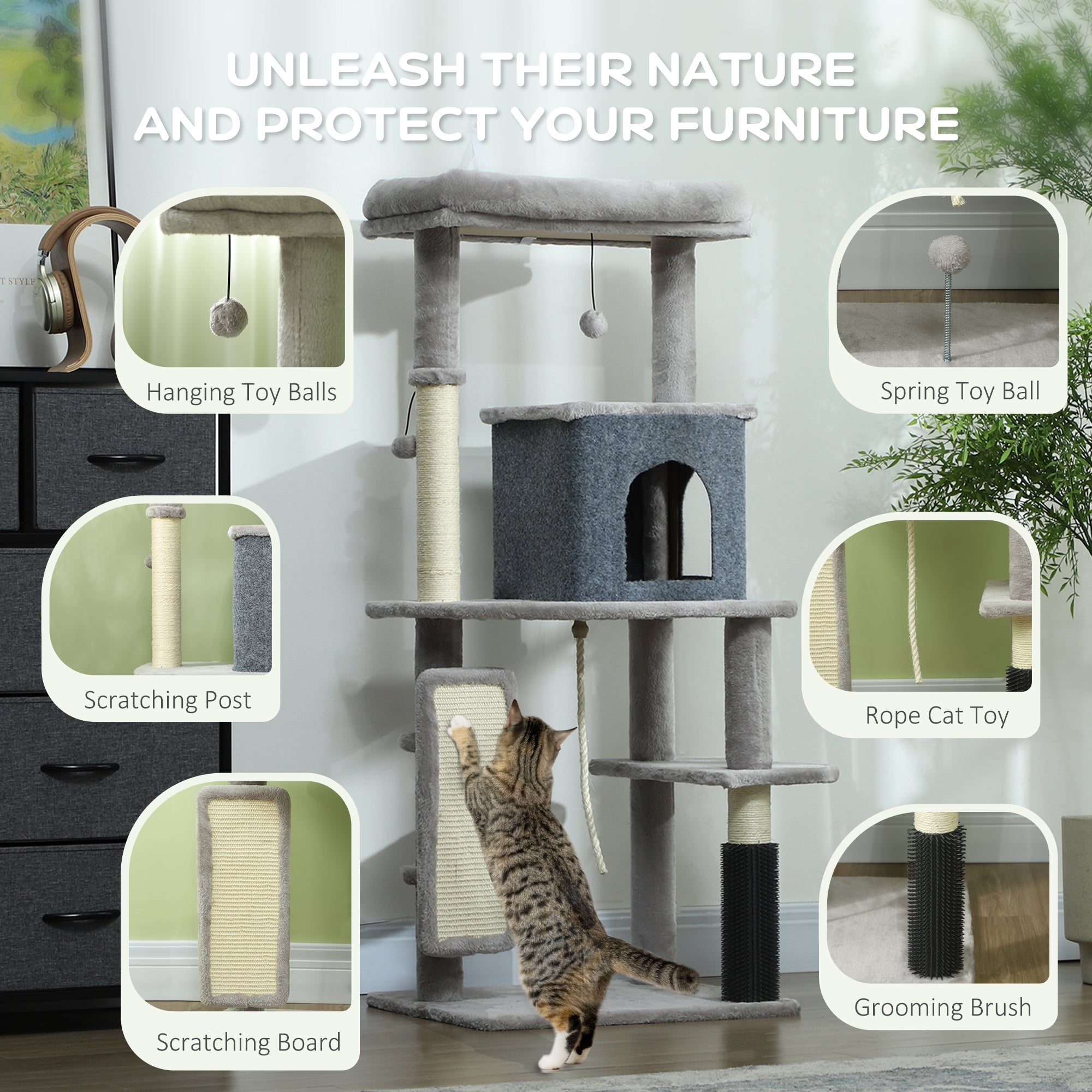PawHut Cat Tree for Large Cat Adults, 52 Inch Cat Tower for Indoor Cats w/ Scratching Posts, Cat Bed, Condo, Grooming Brush, Jumping Platforms, Toy Balls, Anti-tip Kit, Light Grey
