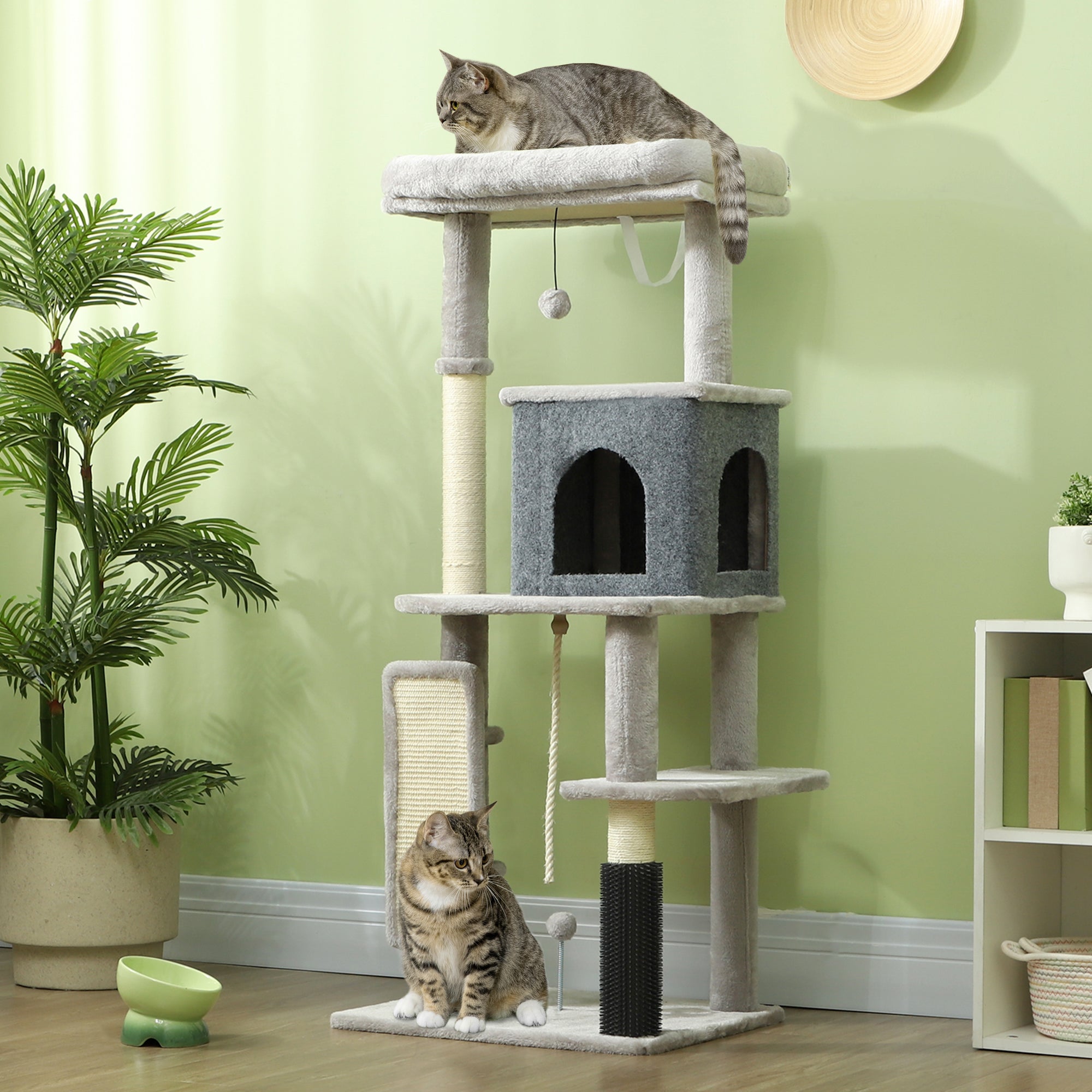 PawHut Cat Tree for Large Cat Adults, 52 Inch Cat Tower for Indoor Cats w/ Scratching Posts, Cat Bed, Condo, Grooming Brush, Jumping Platforms, Toy Balls, Anti-tip Kit, Light Grey