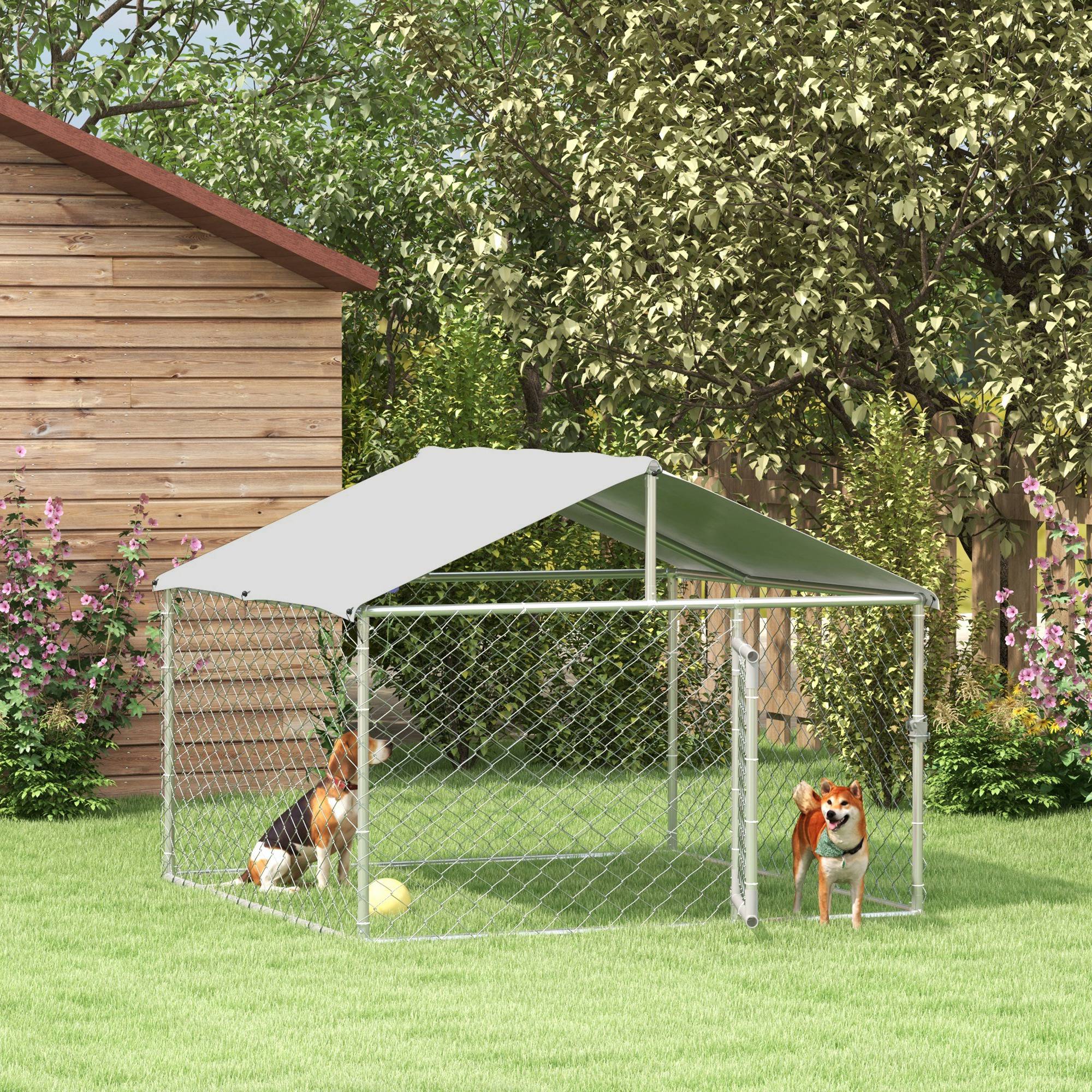 PawHut Outdoor Dog Kennel Dog Run with Waterproof, UV Resistant Cover for Small and Medium Sized Dogs, 6.6' x 6.6' x 4.9', Silver