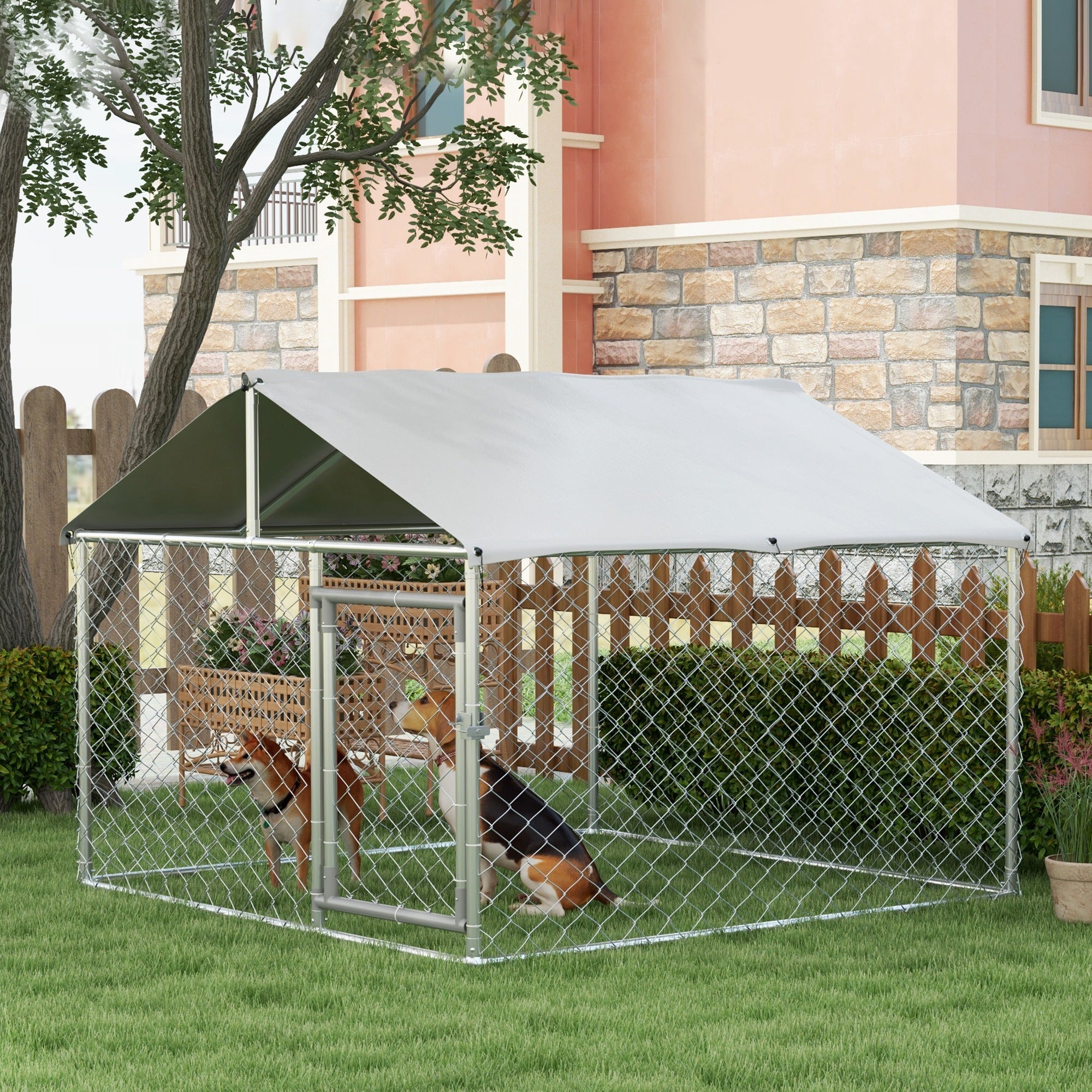 PawHut Outdoor Dog Kennel Dog Run with Waterproof, UV Resistant Cover for Small and Medium Sized Dogs, 6.6' x 6.6' x 4.9', Silver