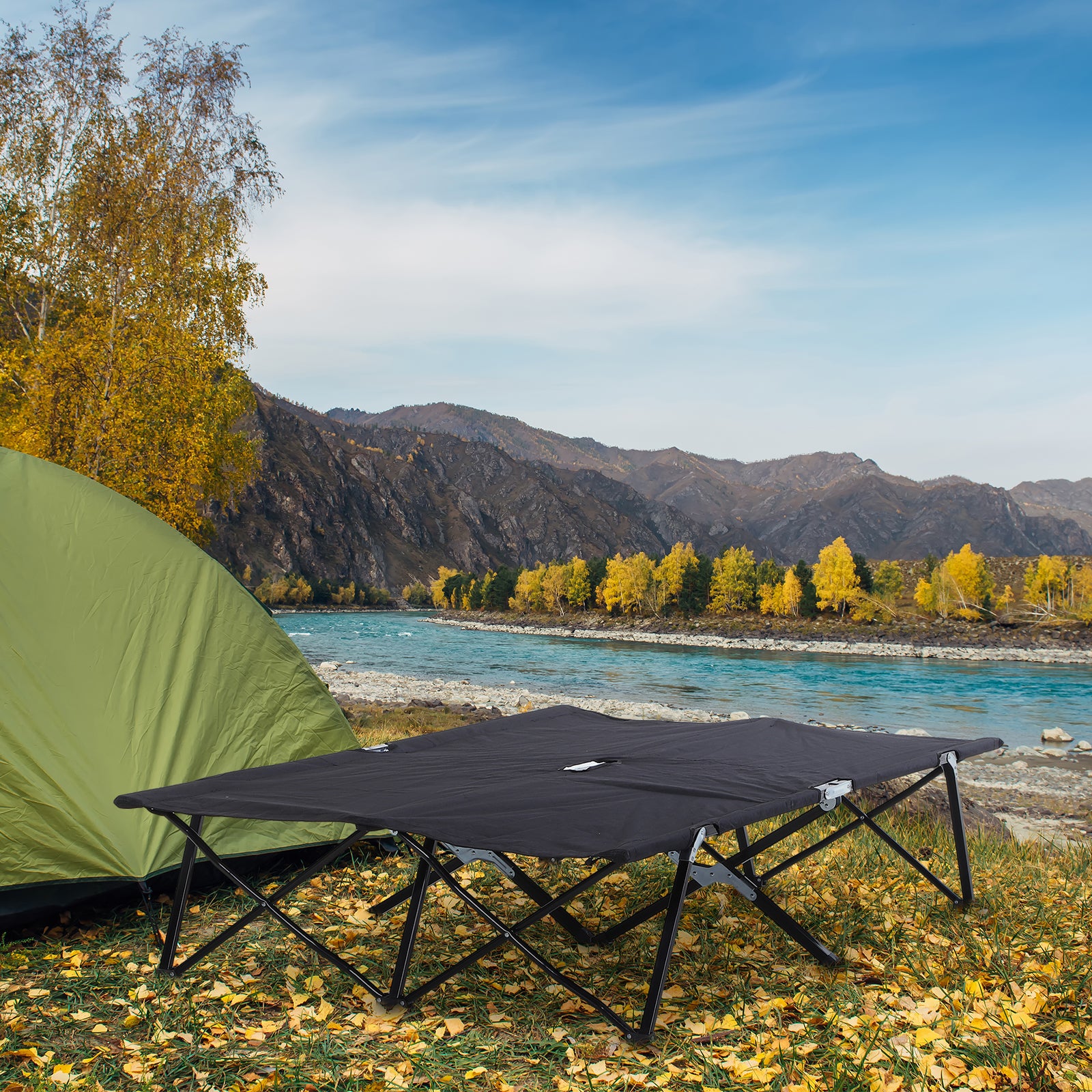 Outsunny 76" Two Person Folding Camping Cot Outdoor Portable Double Cot Wide Military Sleeping Bed w/ Carrying Bag Black