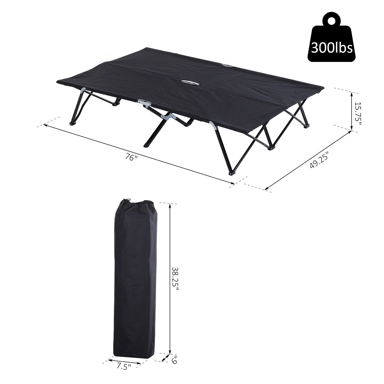 Outsunny 76" Two Person Folding Camping Cot Outdoor Portable Double Cot Wide Military Sleeping Bed w/ Carrying Bag Black