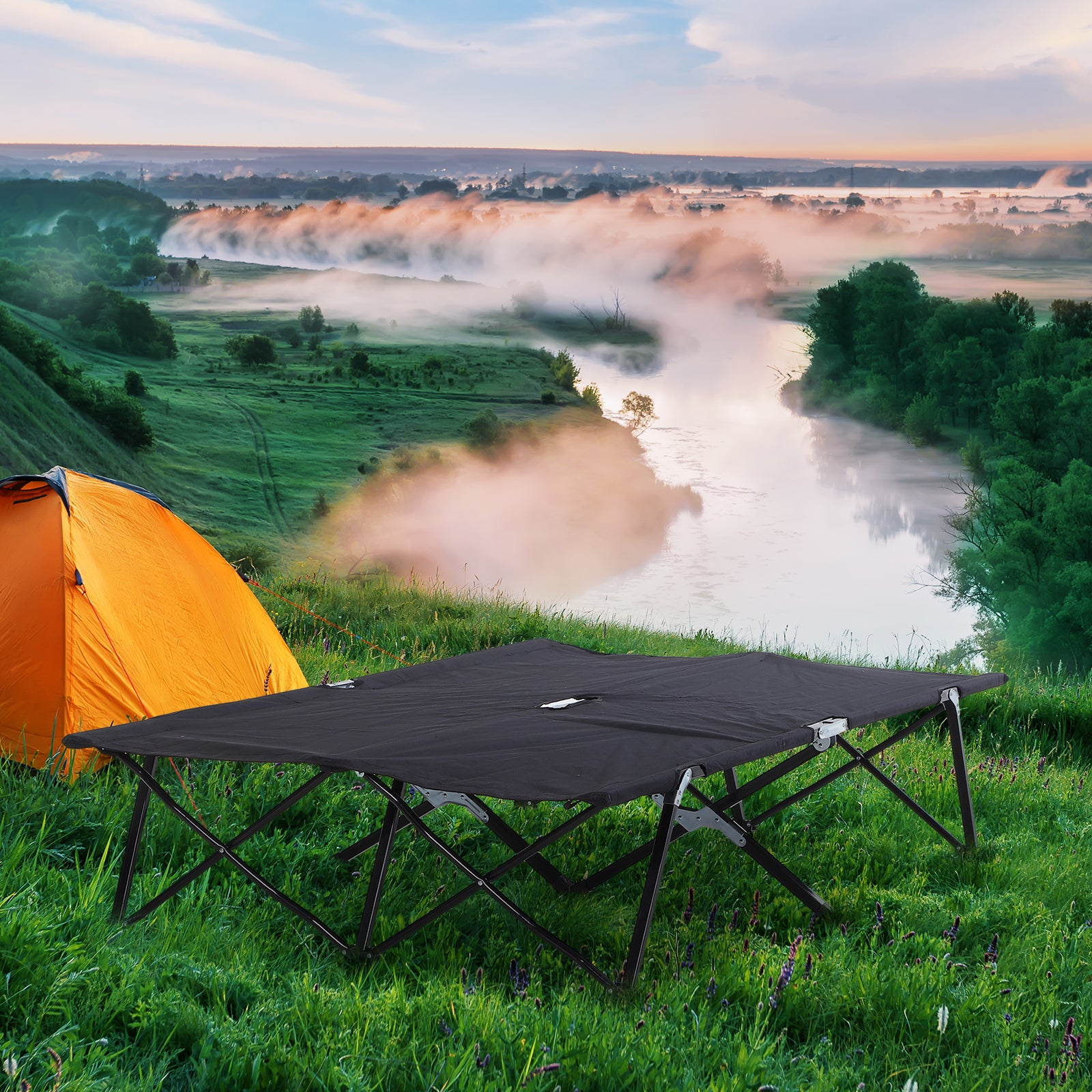 Outsunny 76" Two Person Folding Camping Cot Outdoor Portable Double Cot Wide Military Sleeping Bed w/ Carrying Bag Black