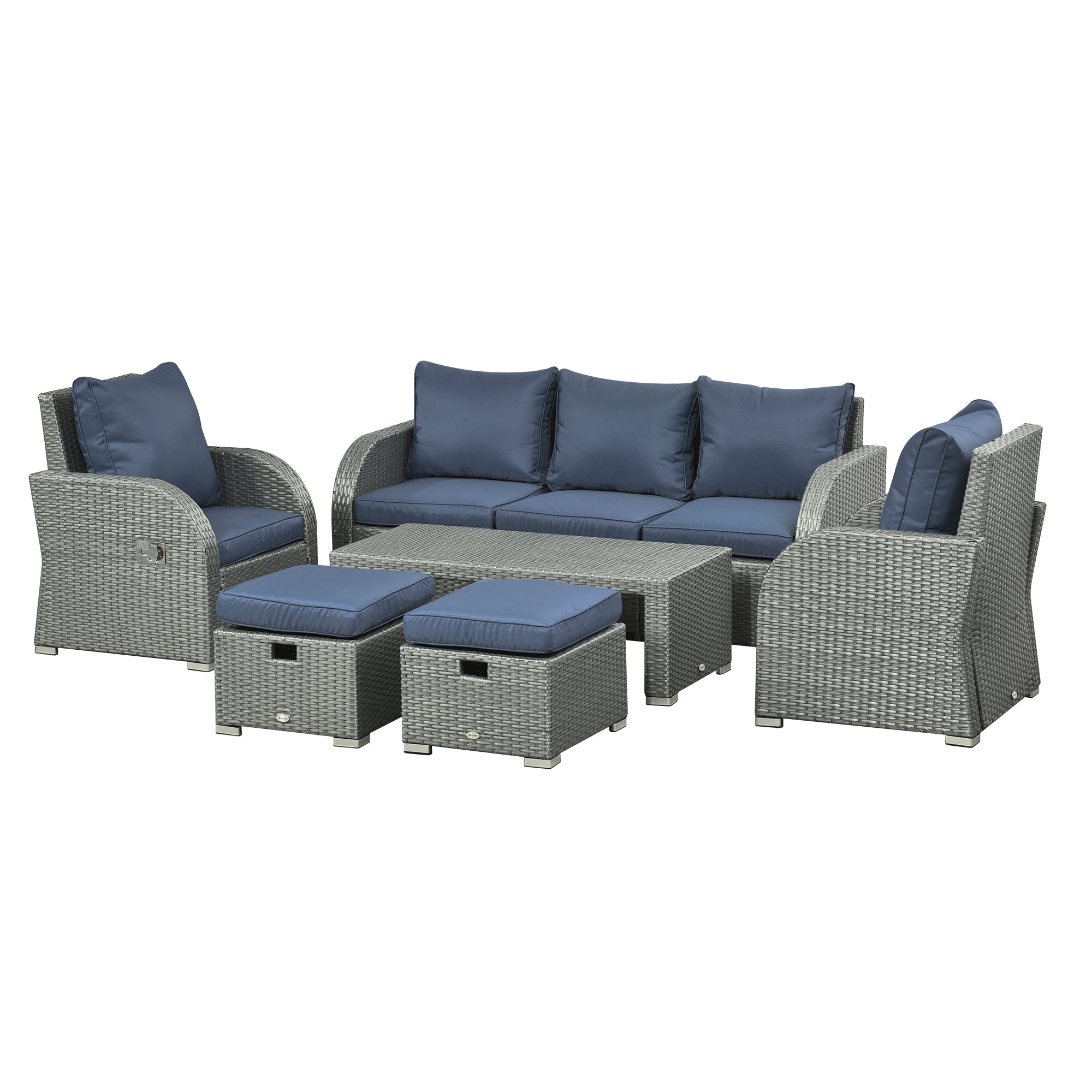 Outsunny Patio Furniture with Cushions, 6 Pieces PE Wicker Patio Sectional Furniture Conversation Set w/ a Three-Seat Sofa, 2 Recliner Chairs, 2 Footstools & Table, Dark Blue