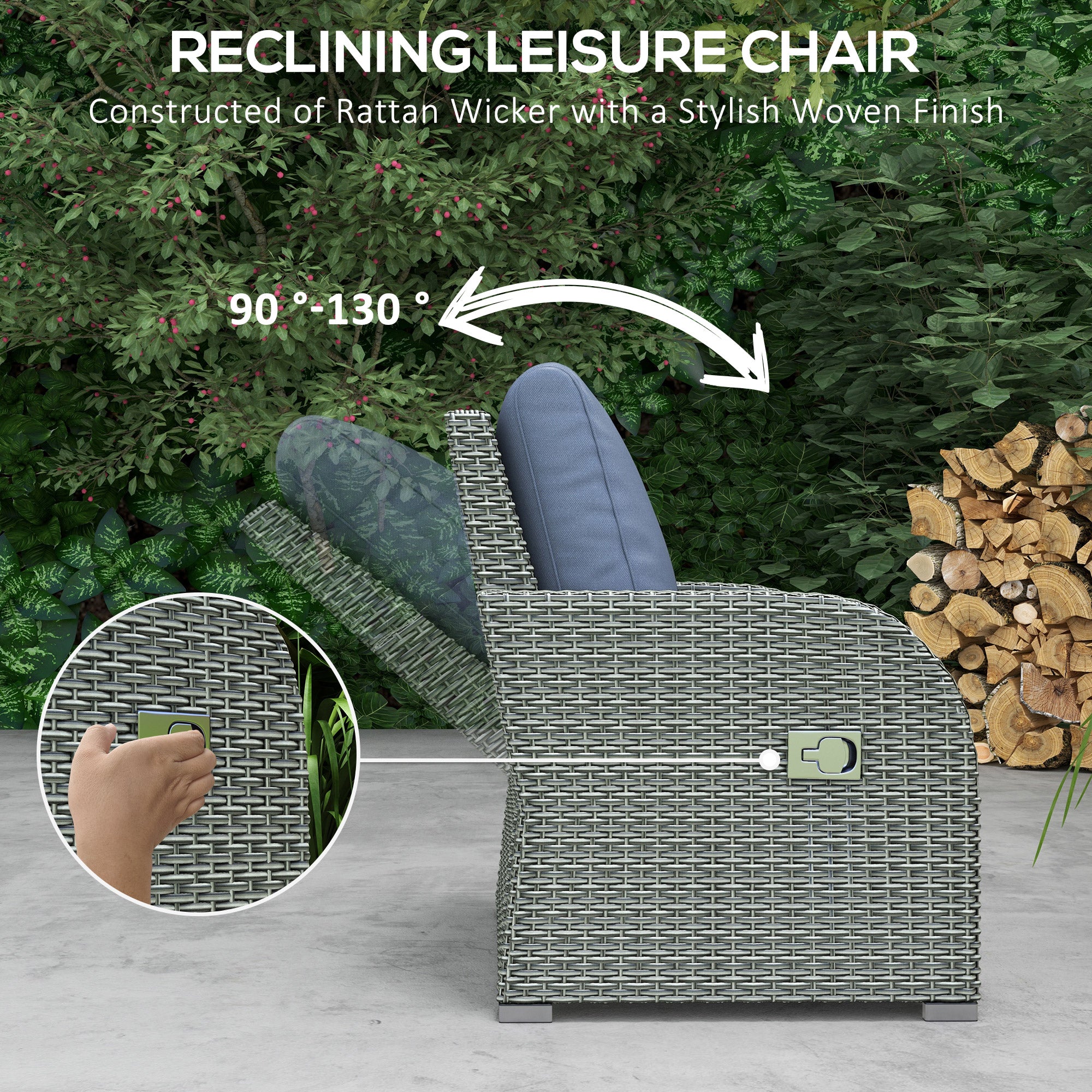 Outsunny Patio Furniture with Cushions, 6 Pieces PE Wicker Patio Sectional Furniture Conversation Set w/ a Three-Seat Sofa, 2 Recliner Chairs, 2 Footstools & Table, Dark Blue