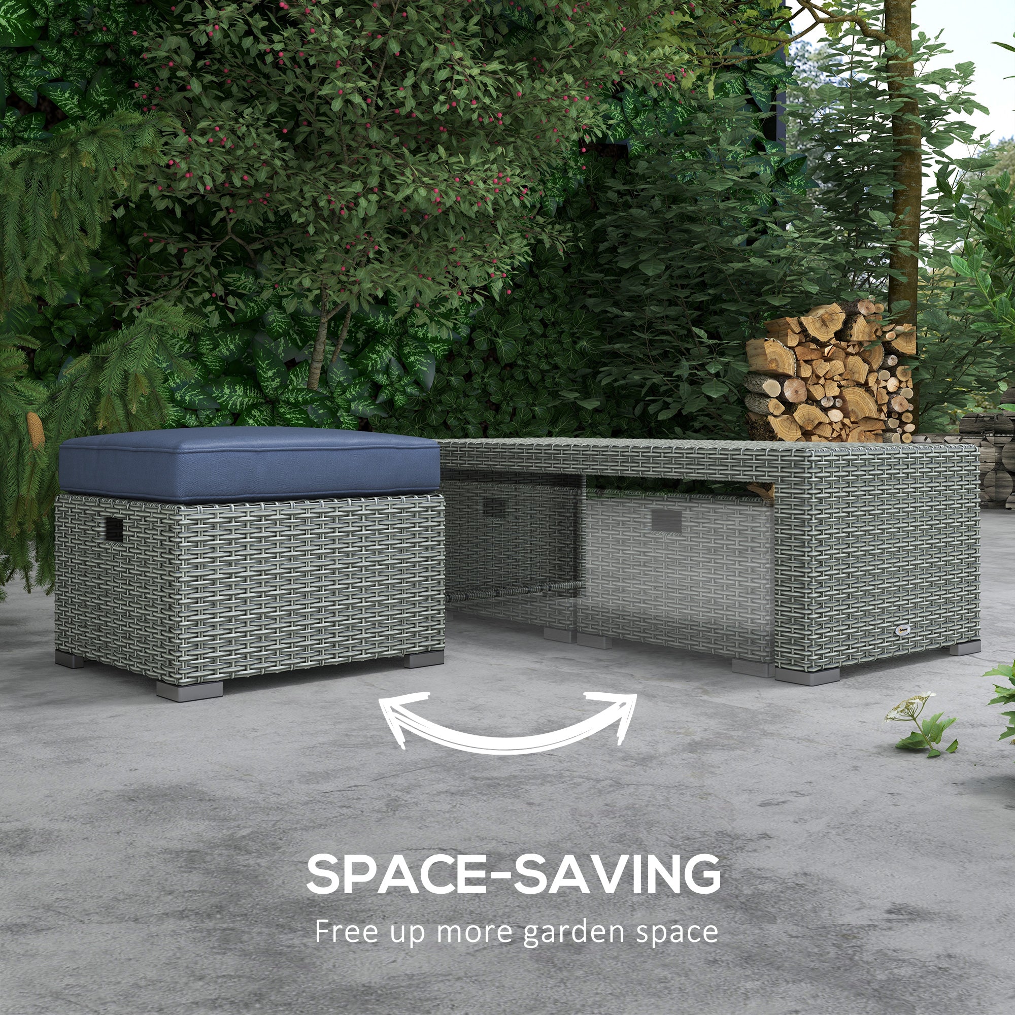 Outsunny Patio Furniture with Cushions, 6 Pieces PE Wicker Patio Sectional Furniture Conversation Set w/ a Three-Seat Sofa, 2 Recliner Chairs, 2 Footstools & Table, Dark Blue