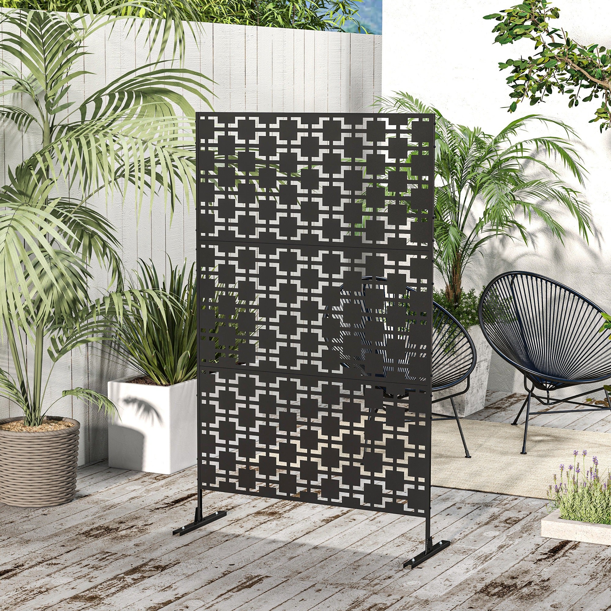 Outsunny Metal Outdoor Privacy Screen, Decorative Outdoor Divider with Stand and Expansion Screws, Freestanding Privacy Panel for Garden, Backyard, Deck, Pool, Grid Style
