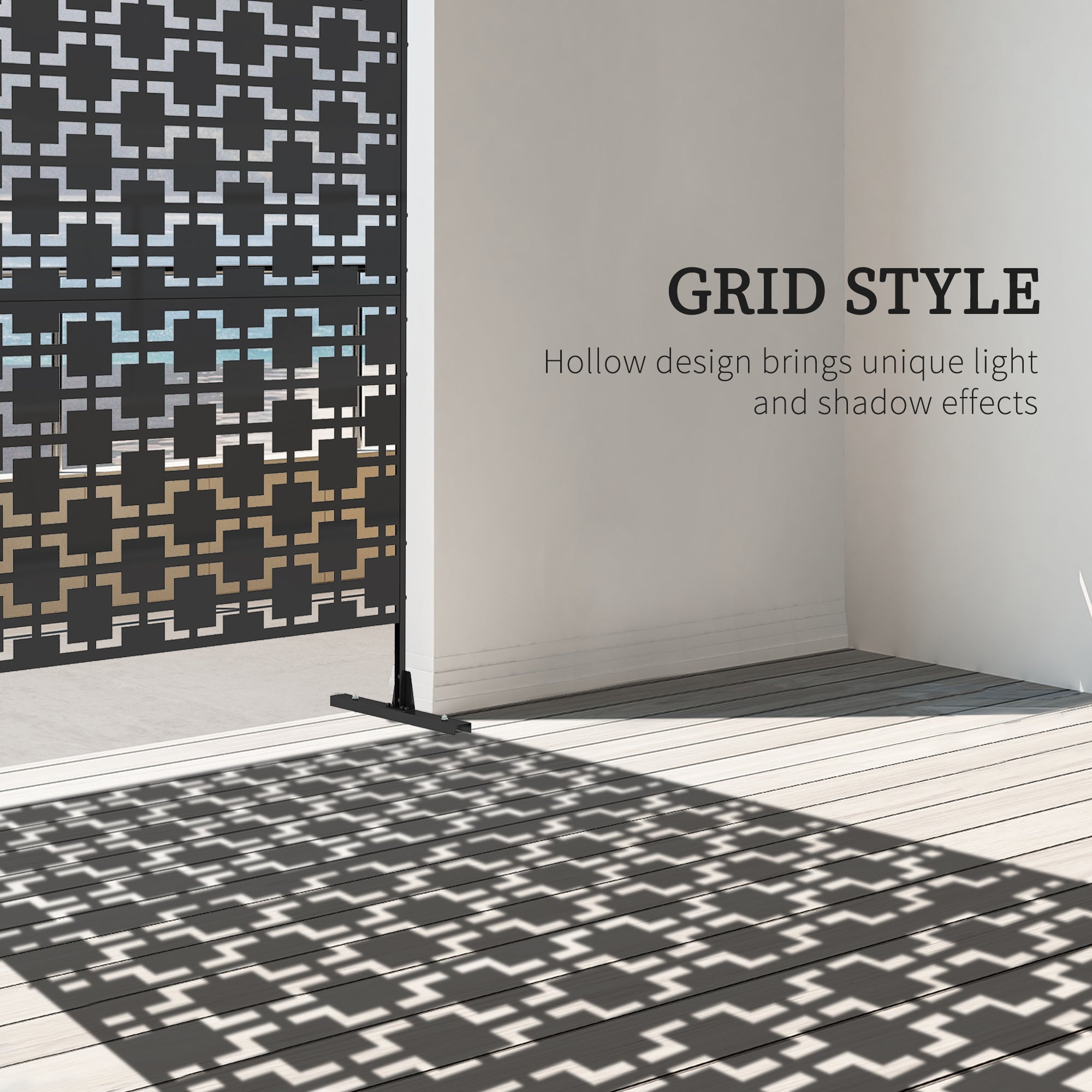 Outsunny Metal Outdoor Privacy Screen, Decorative Outdoor Divider with Stand and Expansion Screws, Freestanding Privacy Panel for Garden, Backyard, Deck, Pool, Grid Style