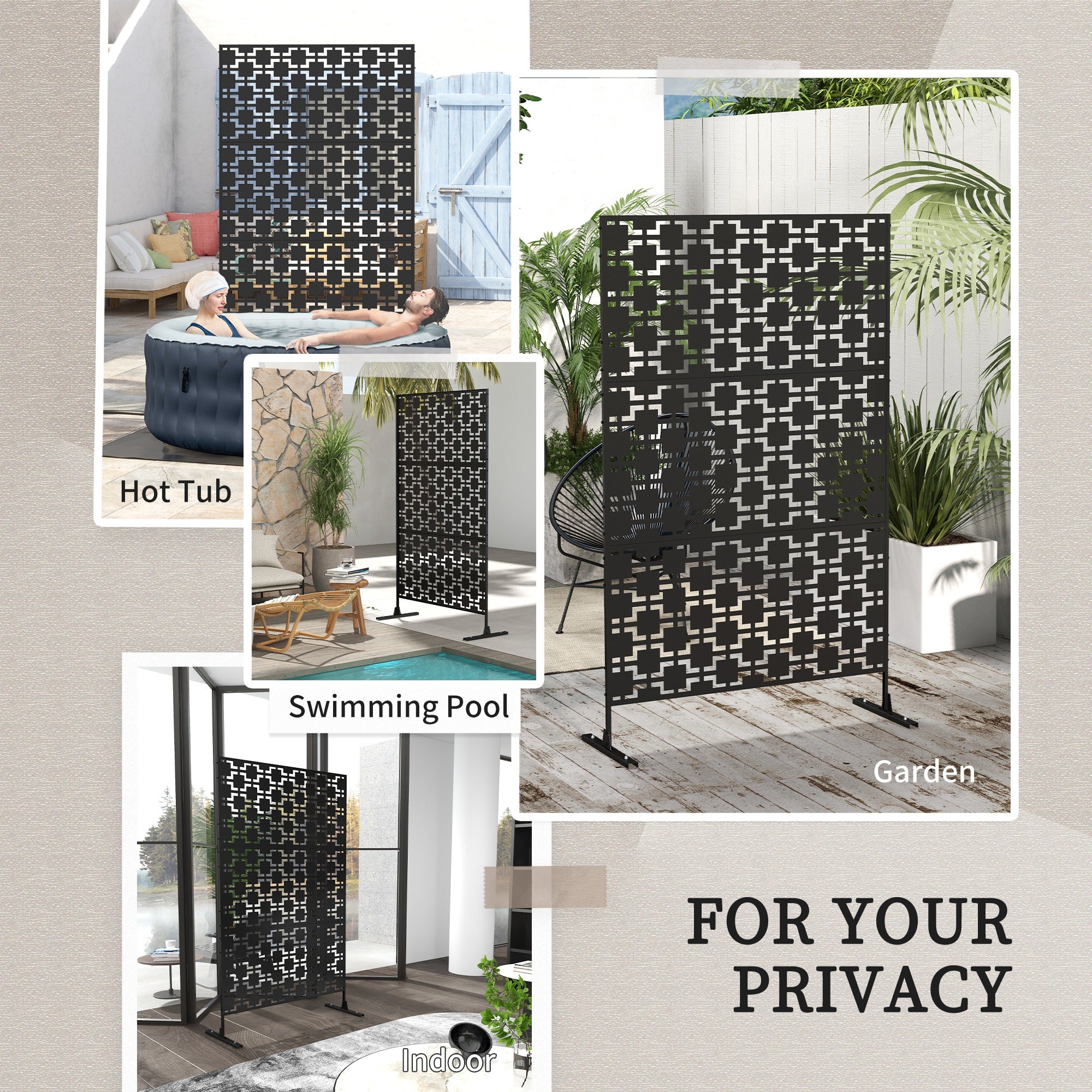 Outsunny Metal Outdoor Privacy Screen, Decorative Outdoor Divider with Stand and Expansion Screws, Freestanding Privacy Panel for Garden, Backyard, Deck, Pool, Grid Style