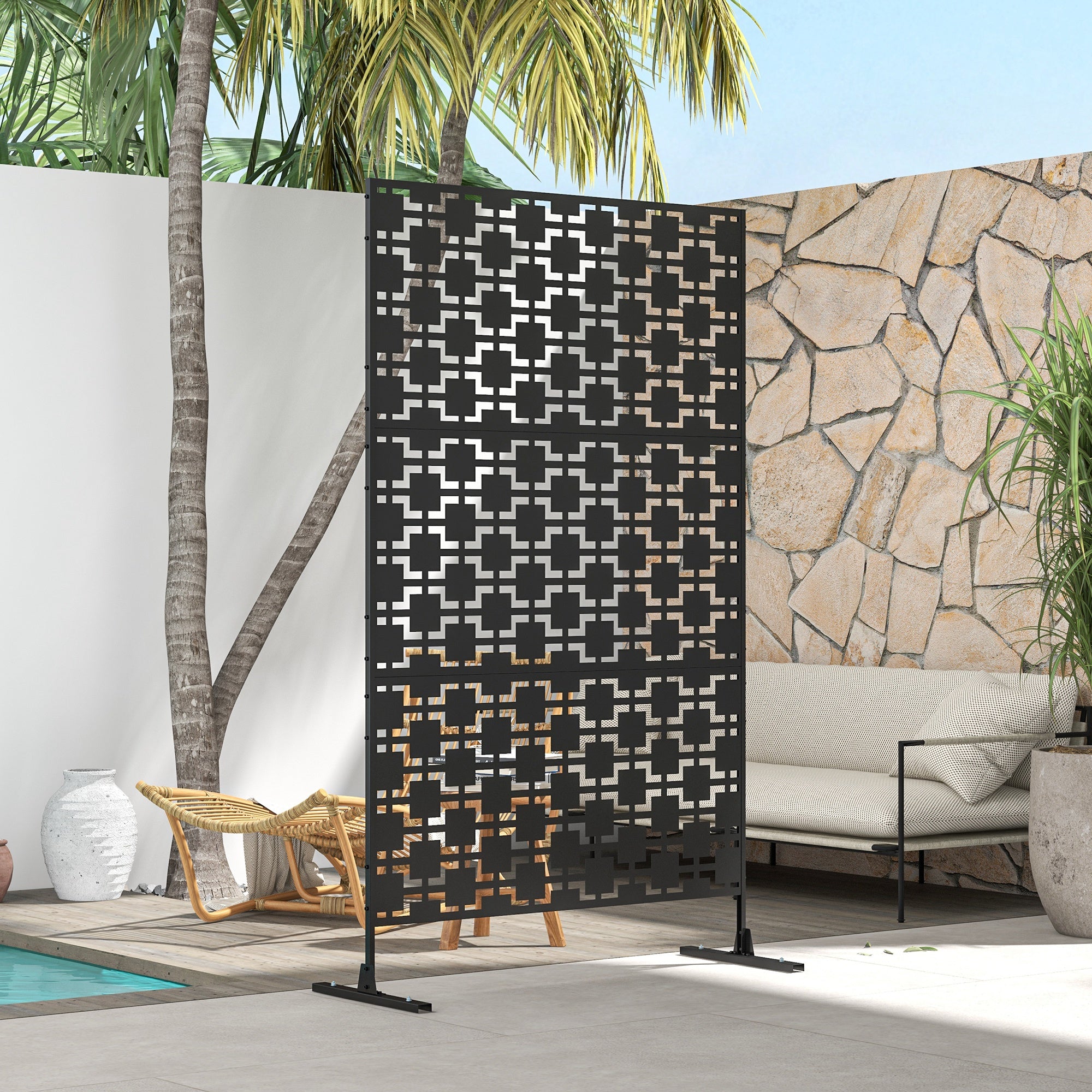Outsunny Metal Outdoor Privacy Screen, Decorative Outdoor Divider with Stand and Expansion Screws, Freestanding Privacy Panel for Garden, Backyard, Deck, Pool, Grid Style