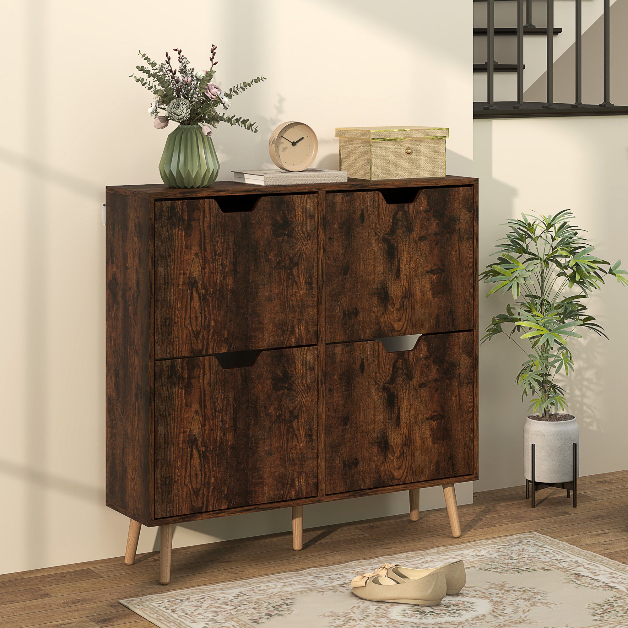 HOMCOM Shoe Cabinet with 4 Flip Drawers and Adjustable Shelf, Hallway Shoe Storage Cabinet for 16 Pairs of Shoes, Rustic Brown