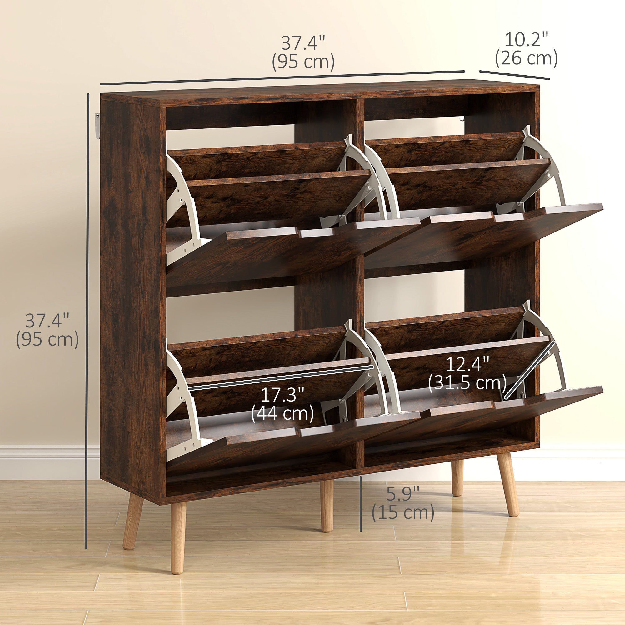 HOMCOM Shoe Cabinet with 4 Flip Drawers and Adjustable Shelf, Hallway Shoe Storage Cabinet for 16 Pairs of Shoes, Rustic Brown