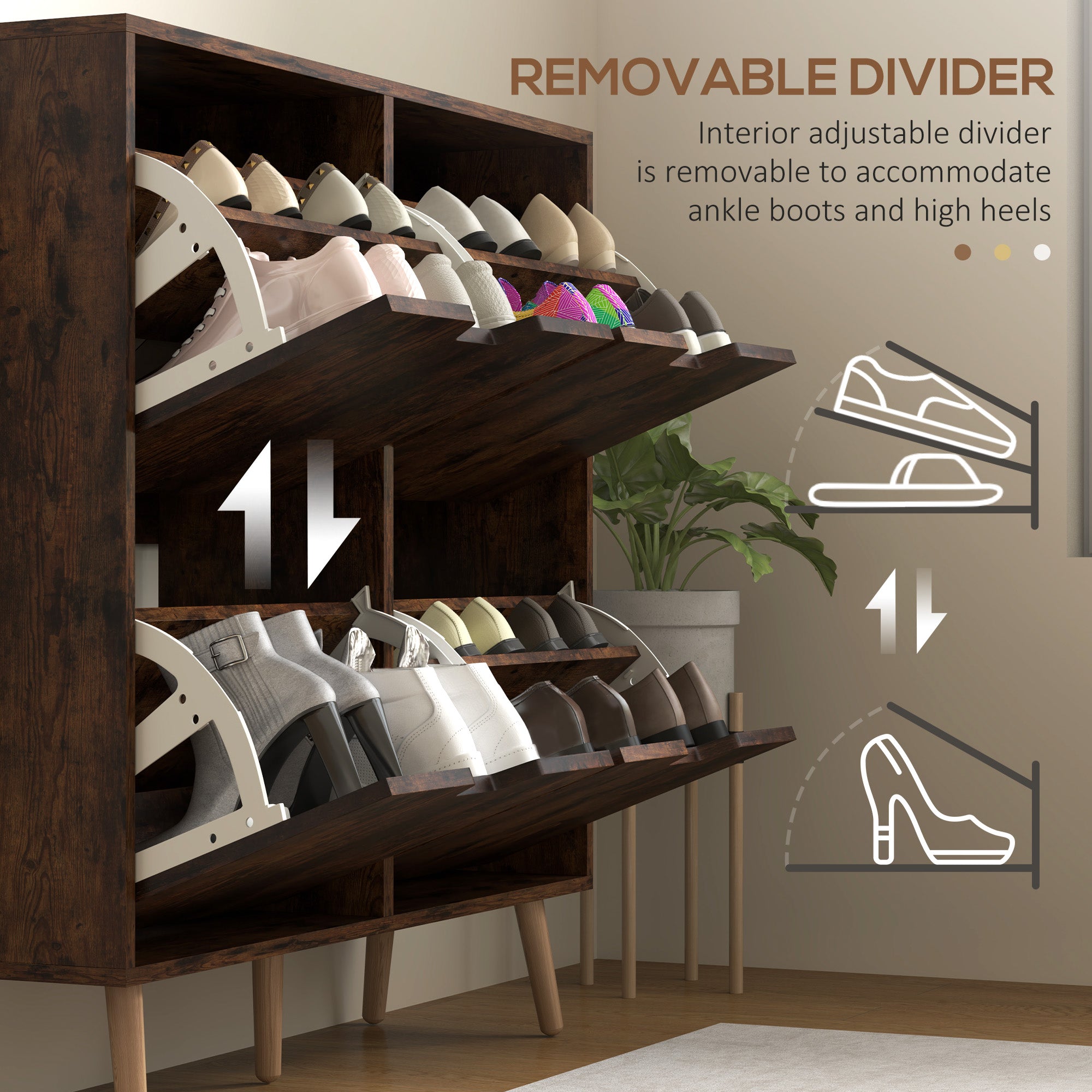HOMCOM Shoe Cabinet with 4 Flip Drawers and Adjustable Shelf, Hallway Shoe Storage Cabinet for 16 Pairs of Shoes, Rustic Brown