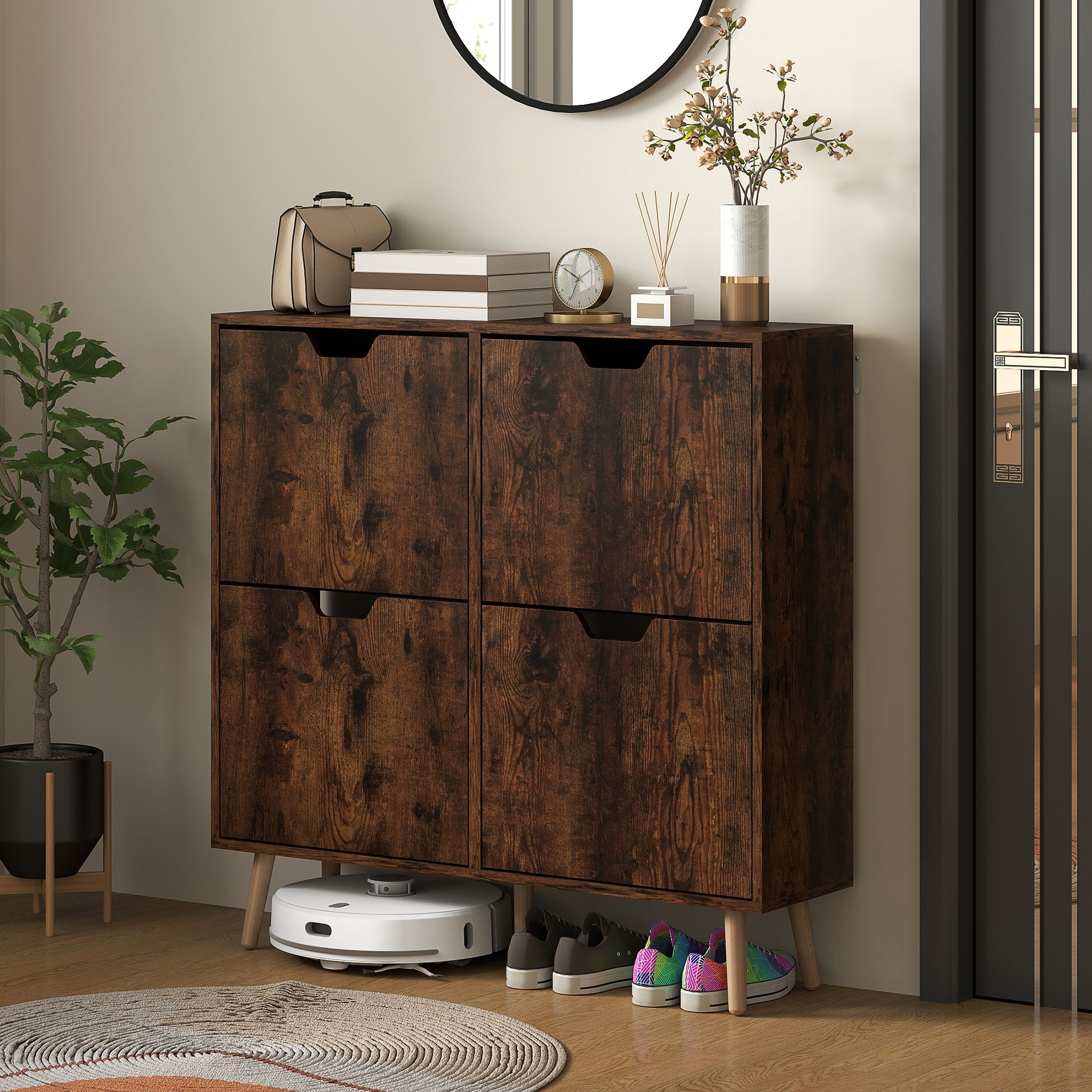 HOMCOM Shoe Cabinet with 4 Flip Drawers and Adjustable Shelf, Hallway Shoe Storage Cabinet for 16 Pairs of Shoes, Rustic Brown