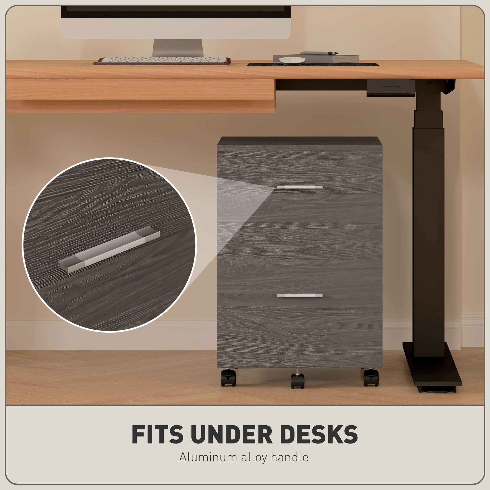 Vinsetto Vertical Filing Cabinet with Wheels, 2-Drawer Mobile File Cabinet, Office Storage Cabinet for Letter or A4 File, Study Home Office, Grey