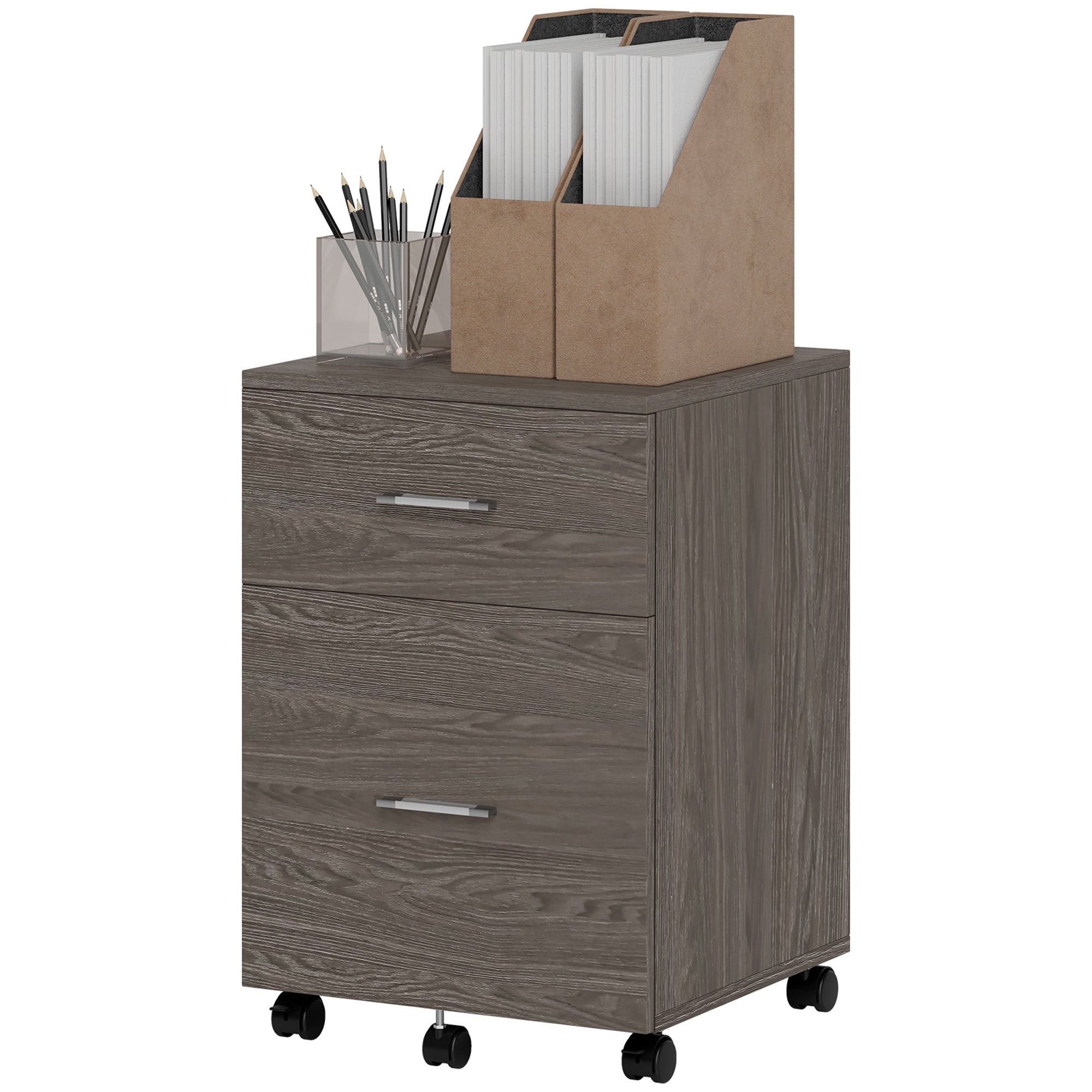 Vinsetto Vertical Filing Cabinet with Wheels, 2-Drawer Mobile File Cabinet, Office Storage Cabinet for Letter or A4 File, Study Home Office, Grey