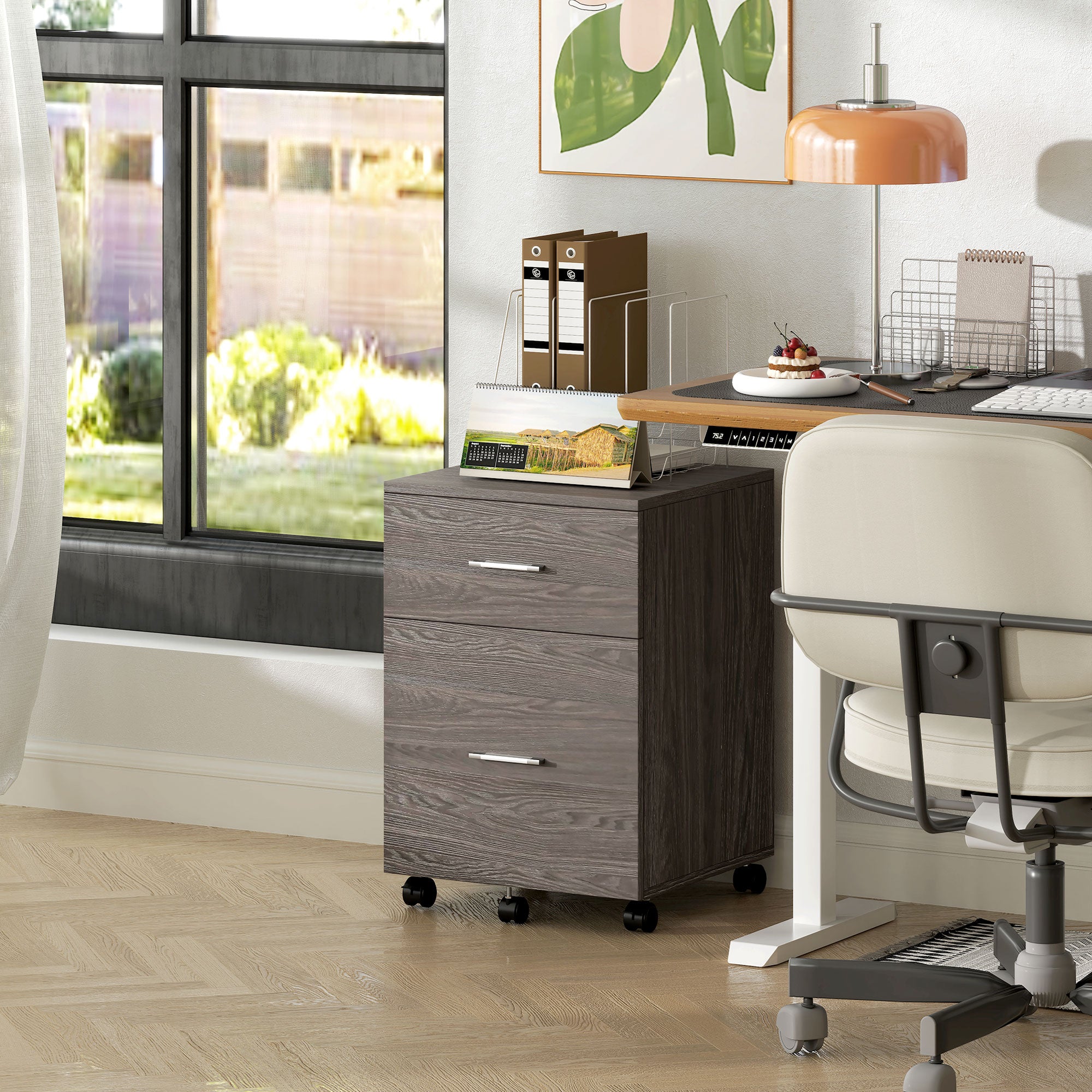 Vinsetto Vertical Filing Cabinet with Wheels, 2-Drawer Mobile File Cabinet, Office Storage Cabinet for Letter or A4 File, Study Home Office, Grey