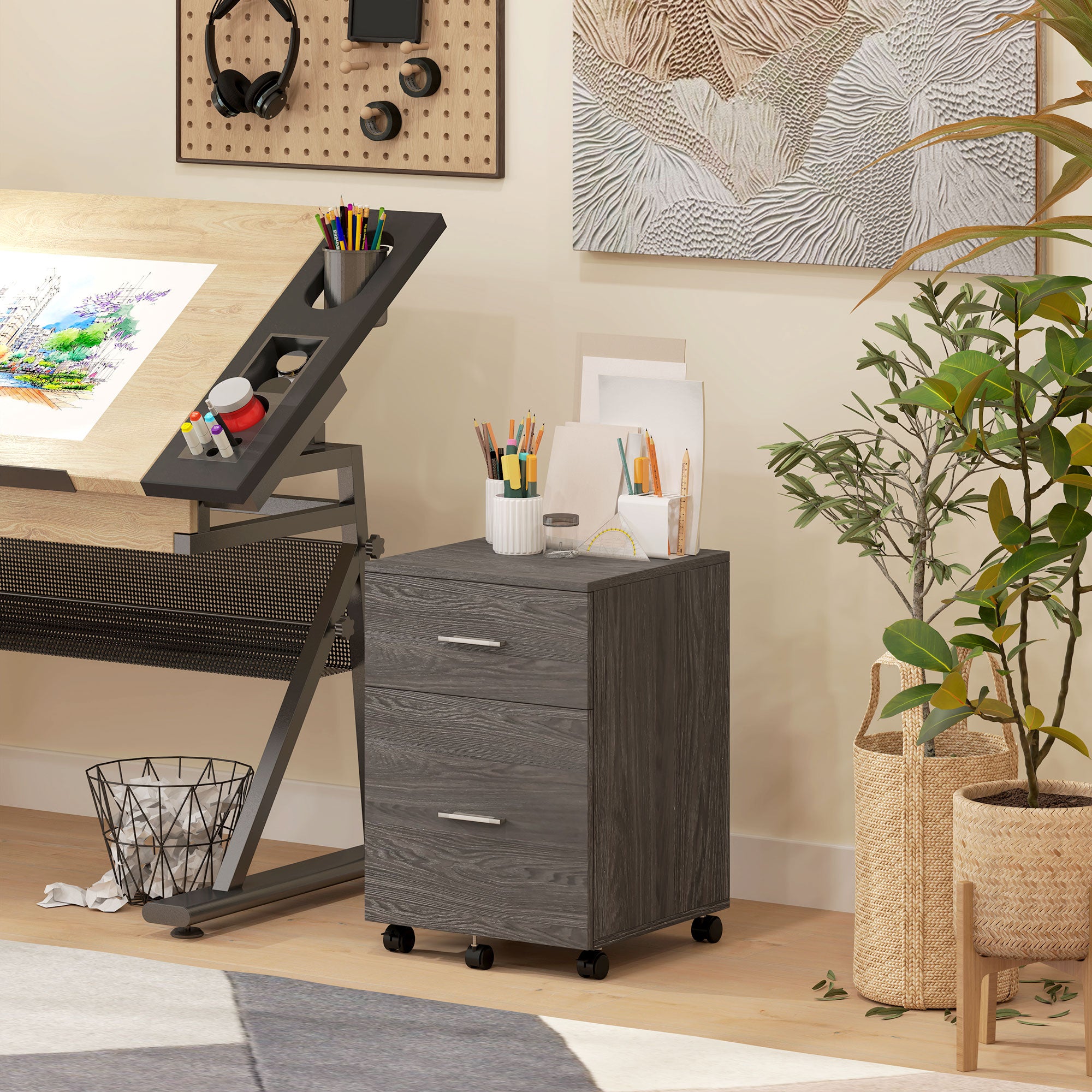 Vinsetto Vertical Filing Cabinet with Wheels, 2-Drawer Mobile File Cabinet, Office Storage Cabinet for Letter or A4 File, Study Home Office, Grey