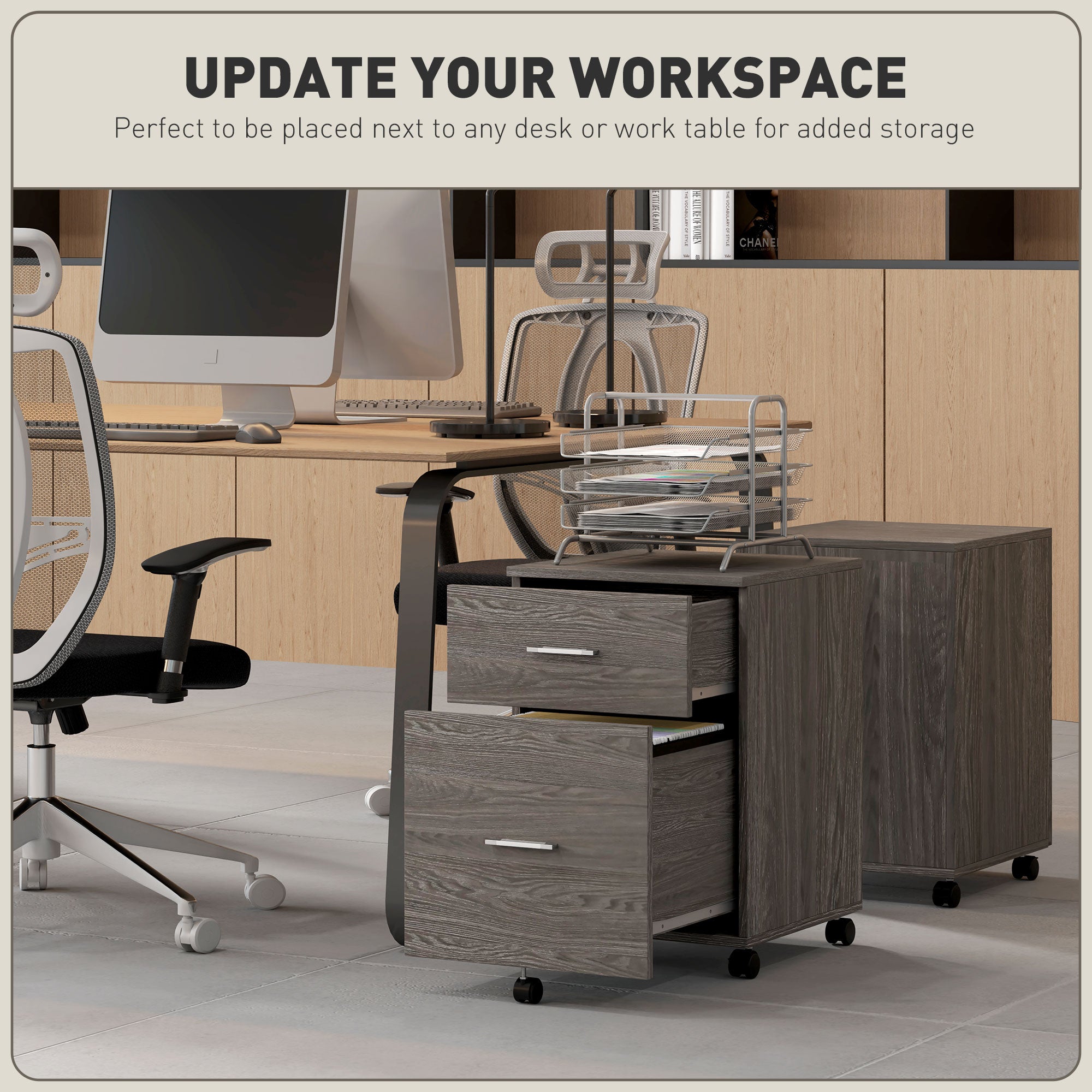 Vinsetto Vertical Filing Cabinet with Wheels, 2-Drawer Mobile File Cabinet, Office Storage Cabinet for Letter or A4 File, Study Home Office, Grey