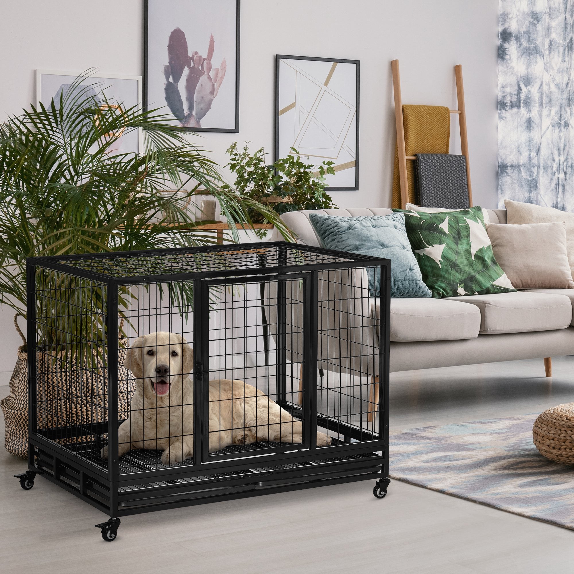 PawHut 43" Heavy Duty Metal Dog Crate Pet Cage with Tray Wheeled Dog Kennel - Black (Large)