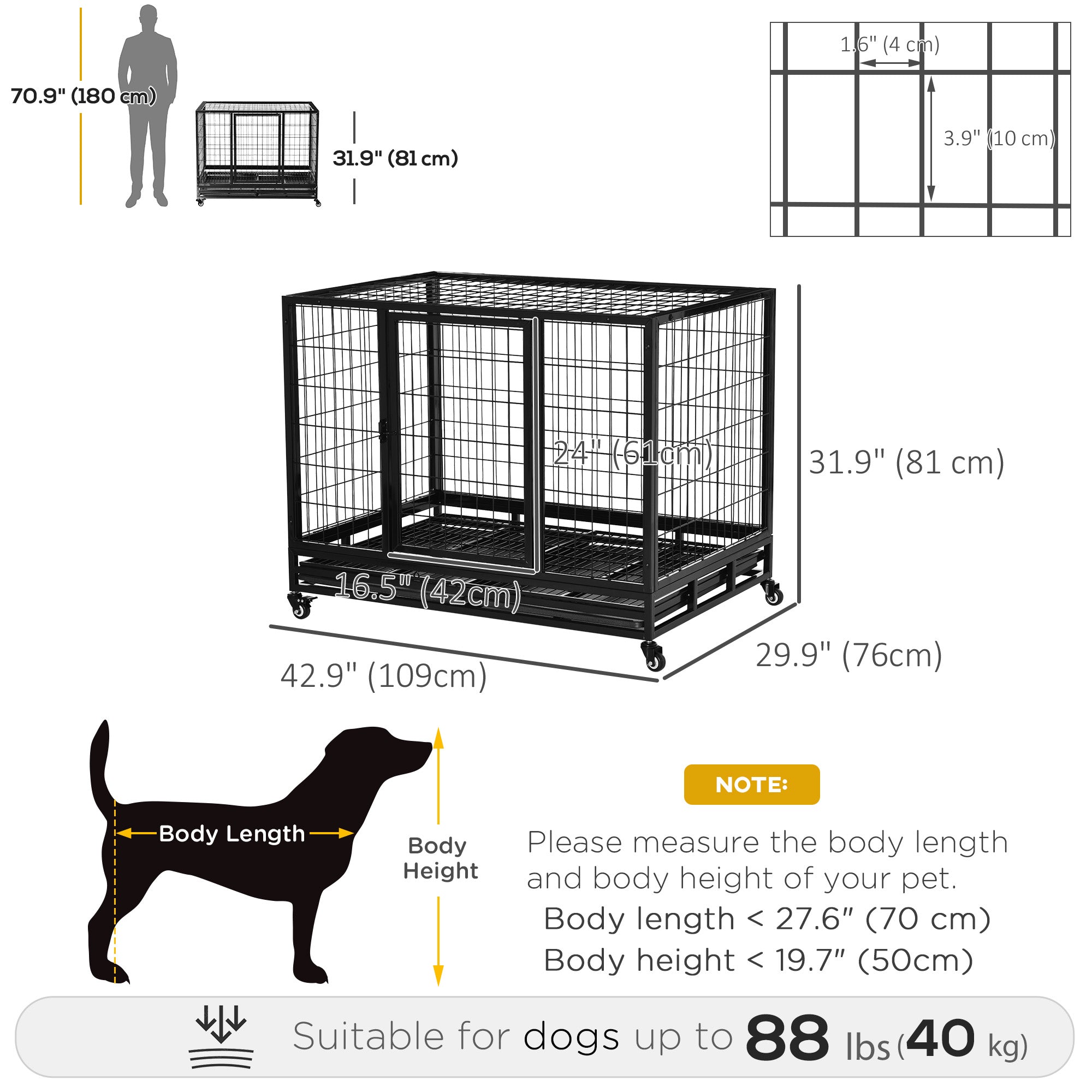 PawHut Heavy Duty Dog Crate Cage for Large Dogs Cats with Two Doors, Lockable Wheels, Removable Tray, 43