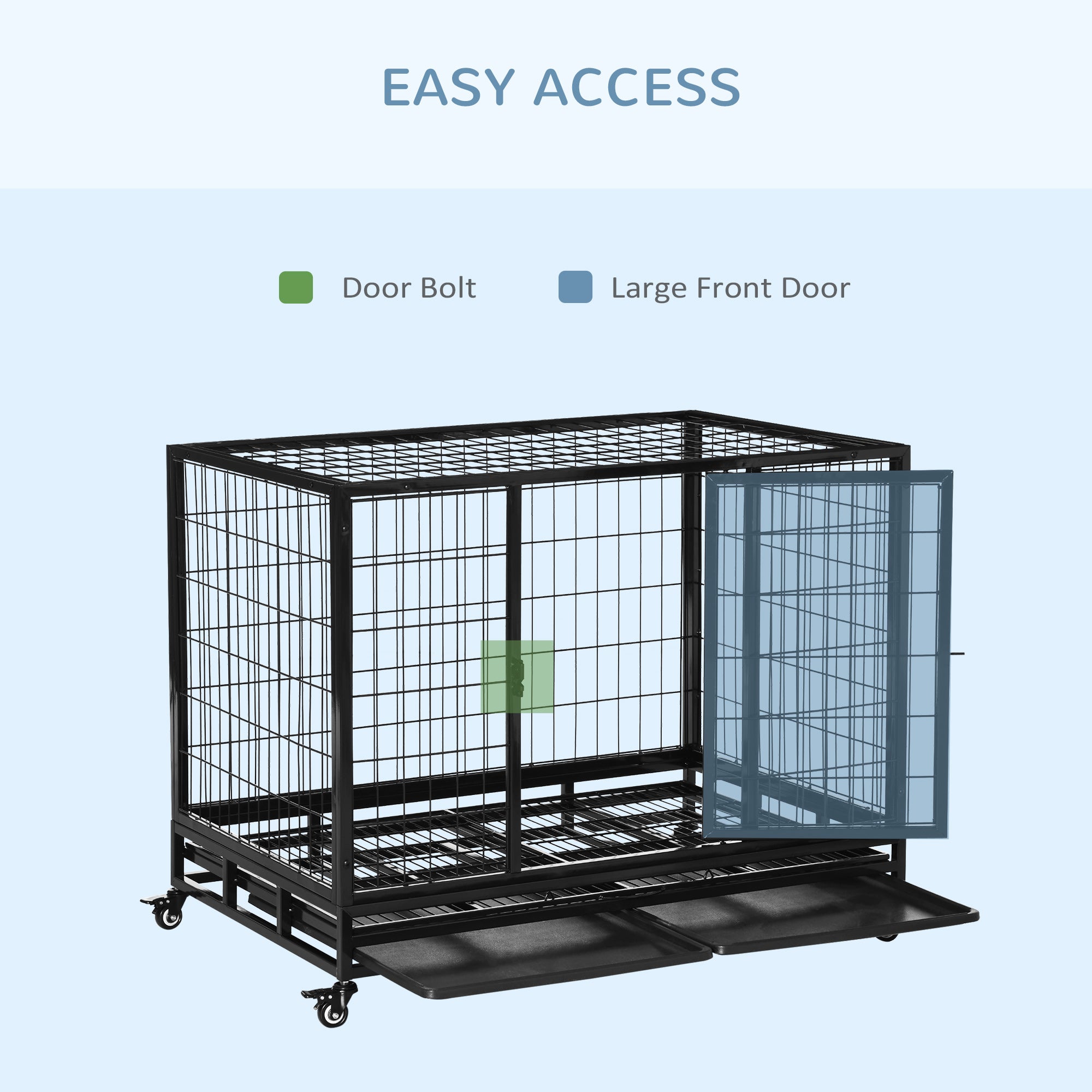 PawHut Heavy Duty Dog Crate Cage for Large Dogs Cats with Two Doors, Lockable Wheels, Removable Tray, 43" x 30" x 32''