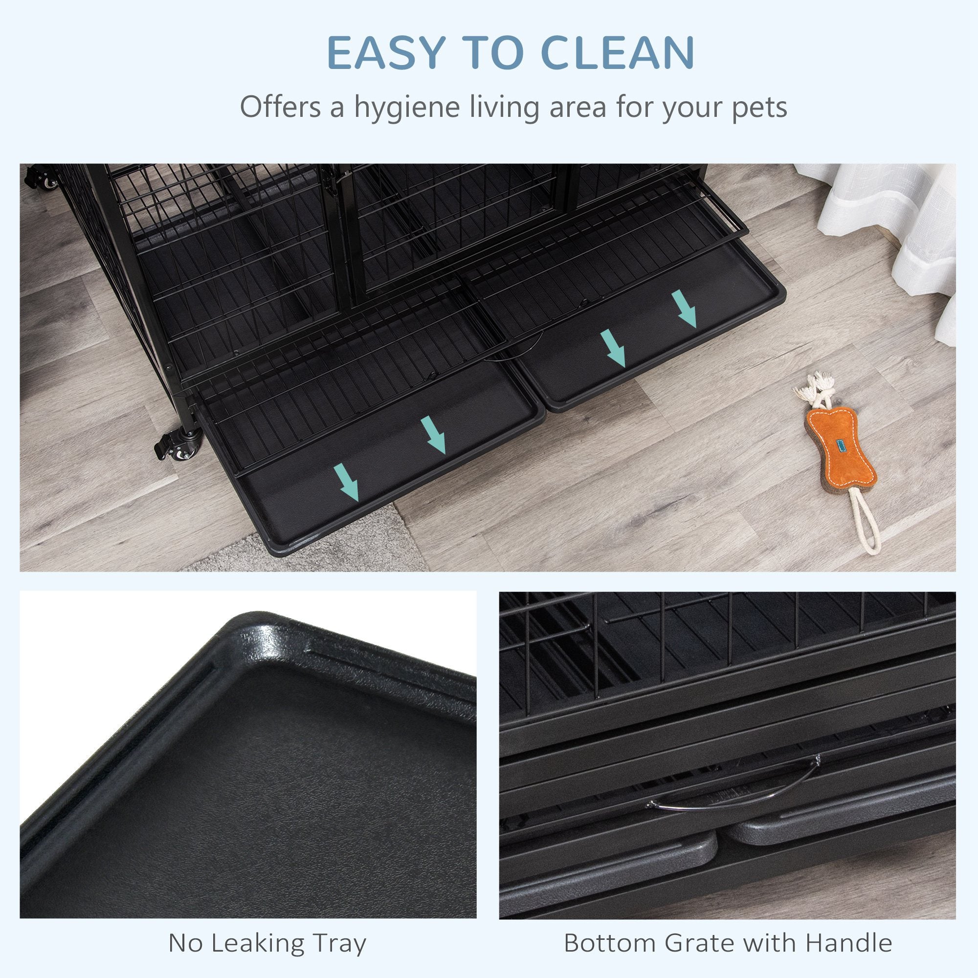 PawHut Heavy Duty Dog Crate Cage for Large Dogs Cats with Two Doors, Lockable Wheels, Removable Tray, 43