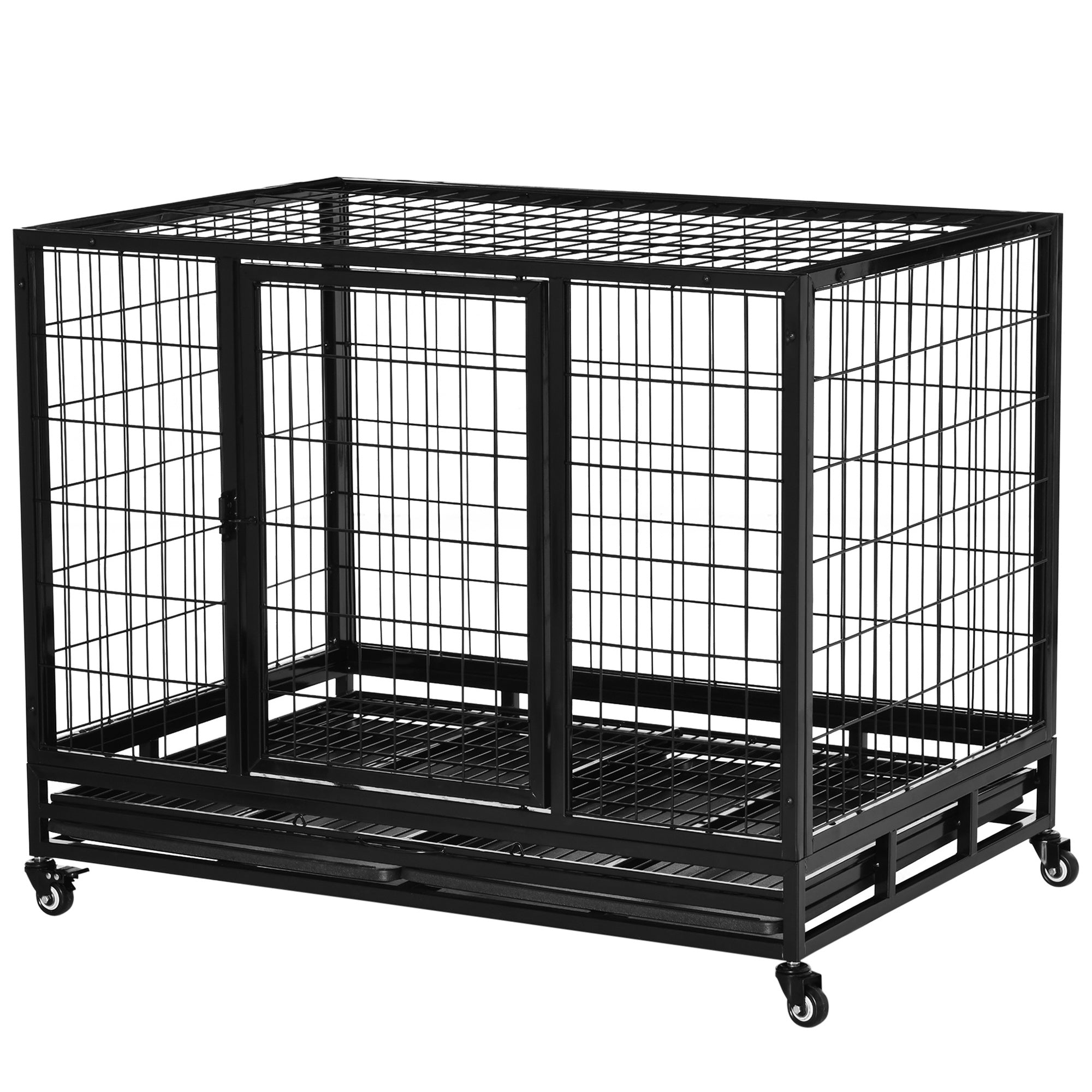 PawHut Heavy Duty Dog Crate Cage for Large Dogs Cats with Two Doors, Lockable Wheels, Removable Tray, 43