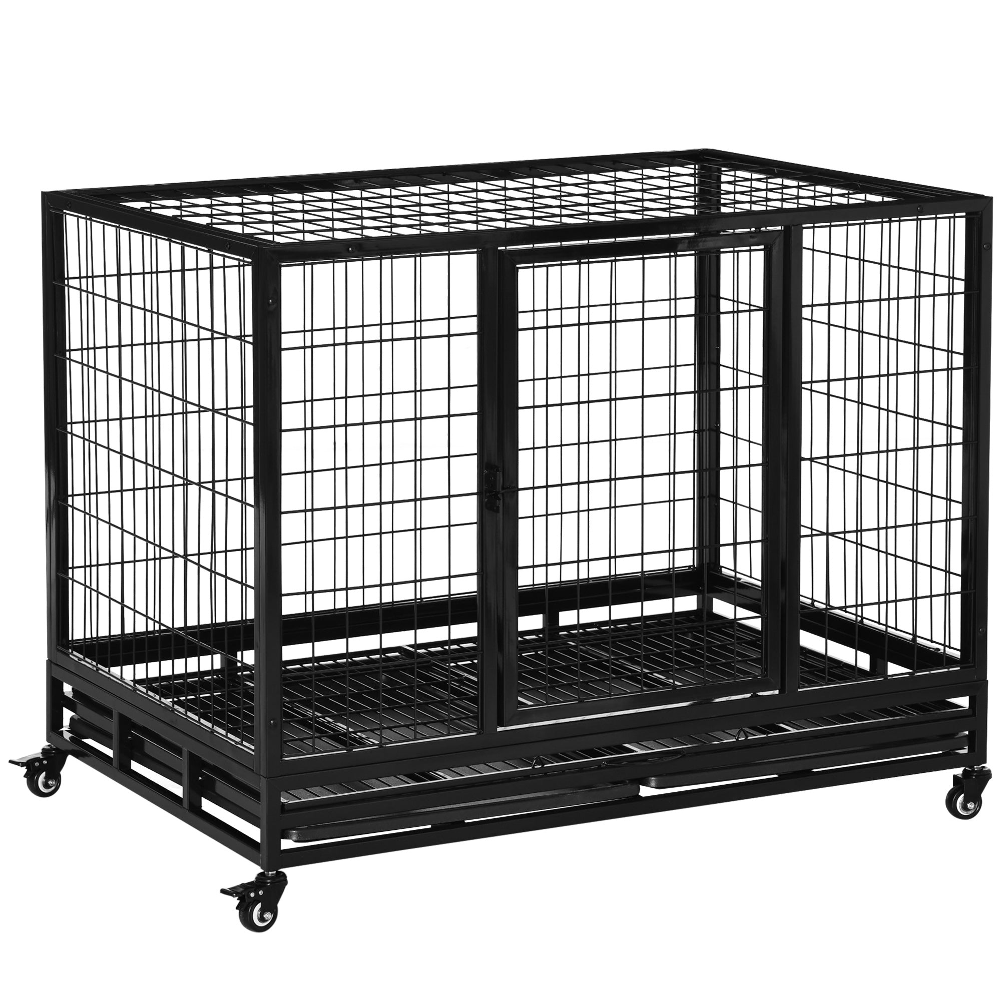 PawHut Heavy Duty Dog Crate Cage for Large Dogs Cats with Two Doors, Lockable Wheels, Removable Tray, 43