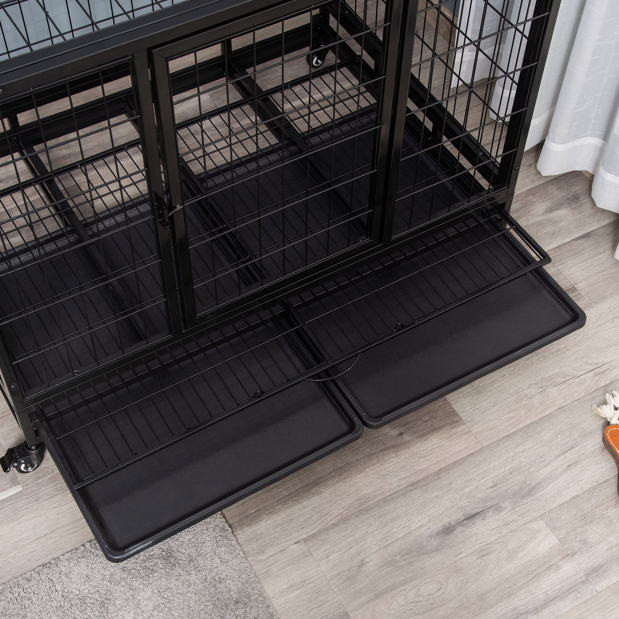 PawHut Heavy Duty Dog Crate Cage for Large Dogs Cats with Two Doors, Lockable Wheels, Removable Tray, 43