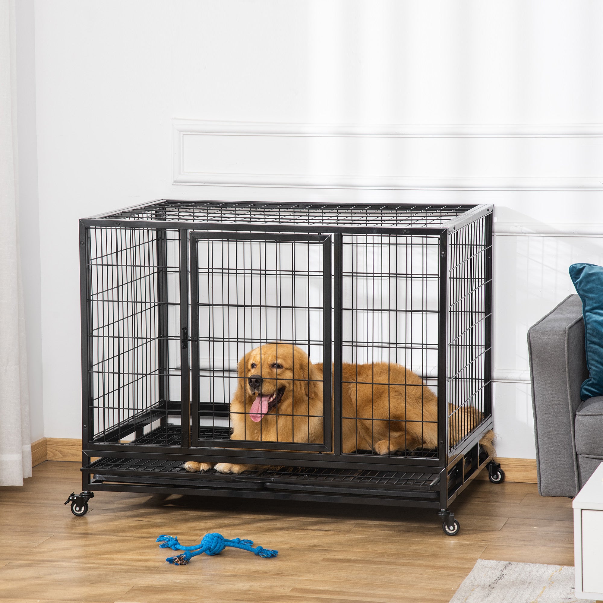 PawHut Heavy Duty Dog Crate Cage for Large Dogs Cats with Two Doors, Lockable Wheels, Removable Tray, 43" x 30" x 32''