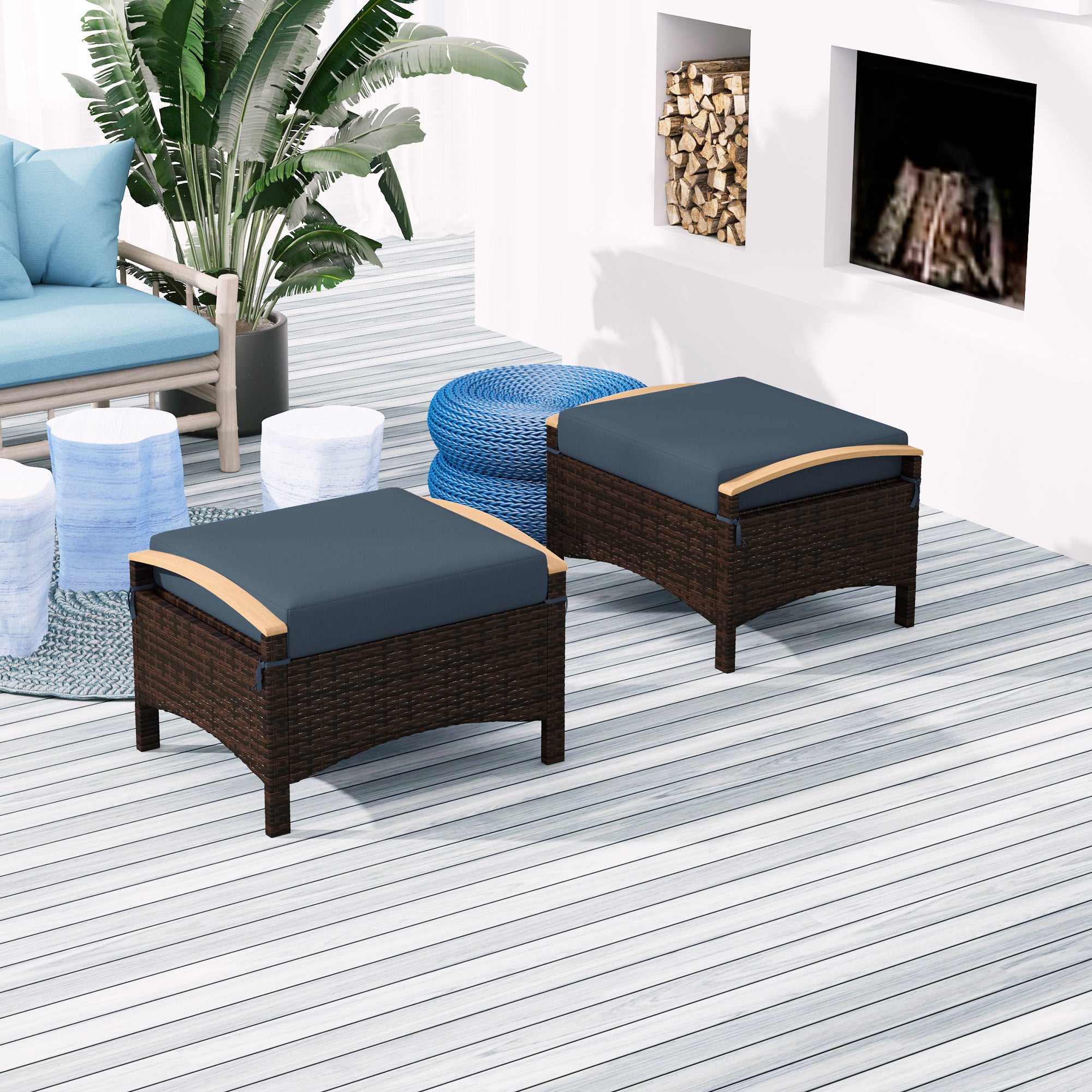 Outsunny Wicker Outdoor Ottoman, 2 Pieces Outdoor Ottomans and Footstools with Removable Cushion, PE Rattan Outdoor Footstool, Footrest, Side Table for Backyard, Porch, Navy Blue