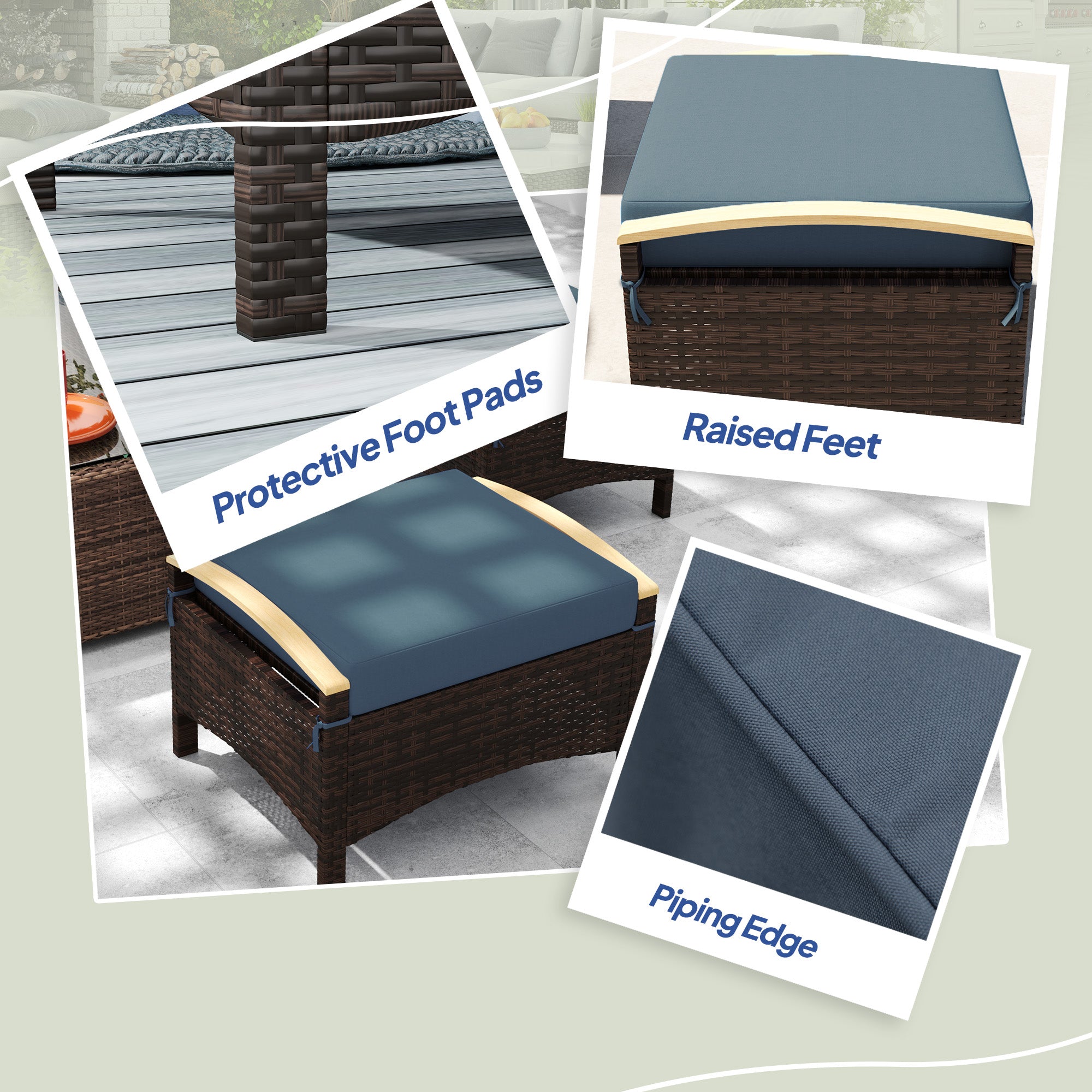 Outsunny Wicker Outdoor Ottoman, 2 Pieces Outdoor Ottomans and Footstools with Removable Cushion, PE Rattan Outdoor Footstool, Footrest, Side Table for Backyard, Porch, Navy Blue