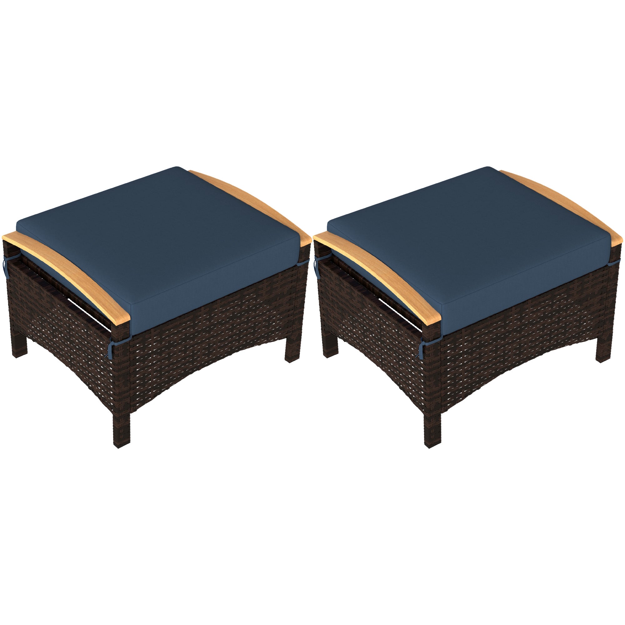 Outsunny Wicker Outdoor Ottoman, 2 Pieces Outdoor Ottomans and Footstools with Removable Cushion, PE Rattan Outdoor Footstool, Footrest, Side Table for Backyard, Porch, Navy Blue