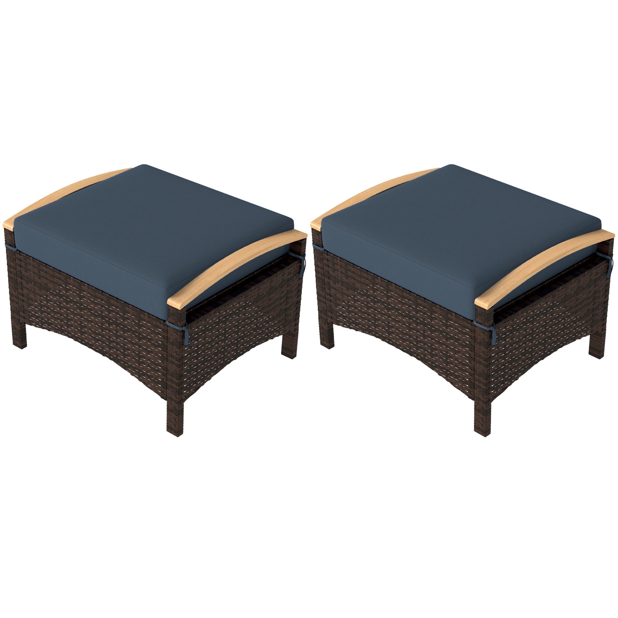 Outsunny Wicker Outdoor Ottoman, 2 Pieces Outdoor Ottomans and Footstools with Removable Cushion, PE Rattan Outdoor Footstool, Footrest, Side Table for Backyard, Porch, Navy Blue