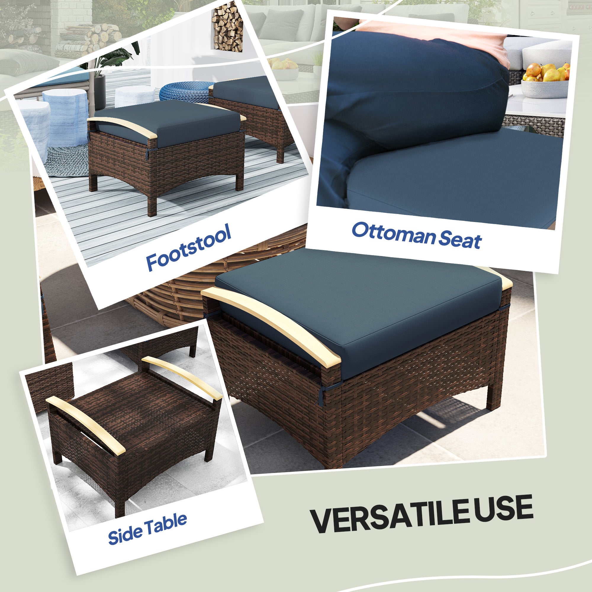 Outsunny Wicker Outdoor Ottoman, 2 Pieces Outdoor Ottomans and Footstools with Removable Cushion, PE Rattan Outdoor Footstool, Footrest, Side Table for Backyard, Porch, Navy Blue
