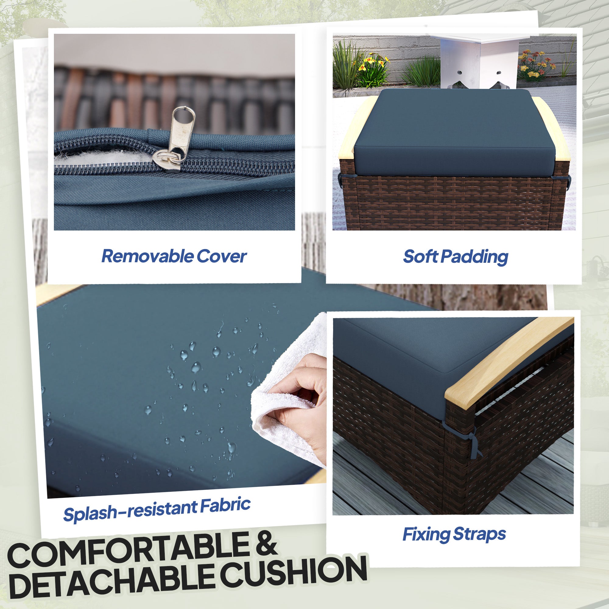 Outsunny Wicker Outdoor Ottoman, 2 Pieces Outdoor Ottomans and Footstools with Removable Cushion, PE Rattan Outdoor Footstool, Footrest, Side Table for Backyard, Porch, Navy Blue